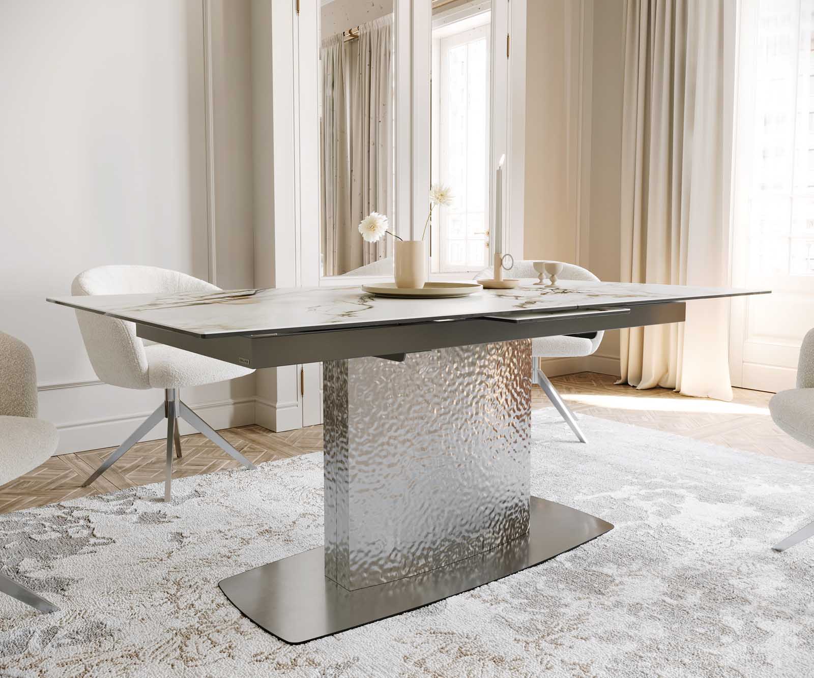 Stół do jadalni Edge 180-220x100 cm ceramika Calacatta Luxe biało-złoto-szary rama Wave stal nierdzewna rozkładany 6