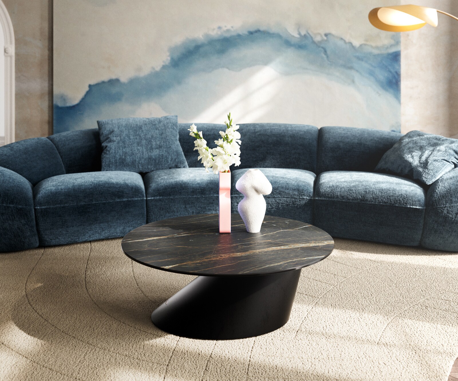 Stolik kawowy Edge okrągły 90x90 cm ceramika Laminam® Noir Desir brązowa podstawa Conis metal czarny 2