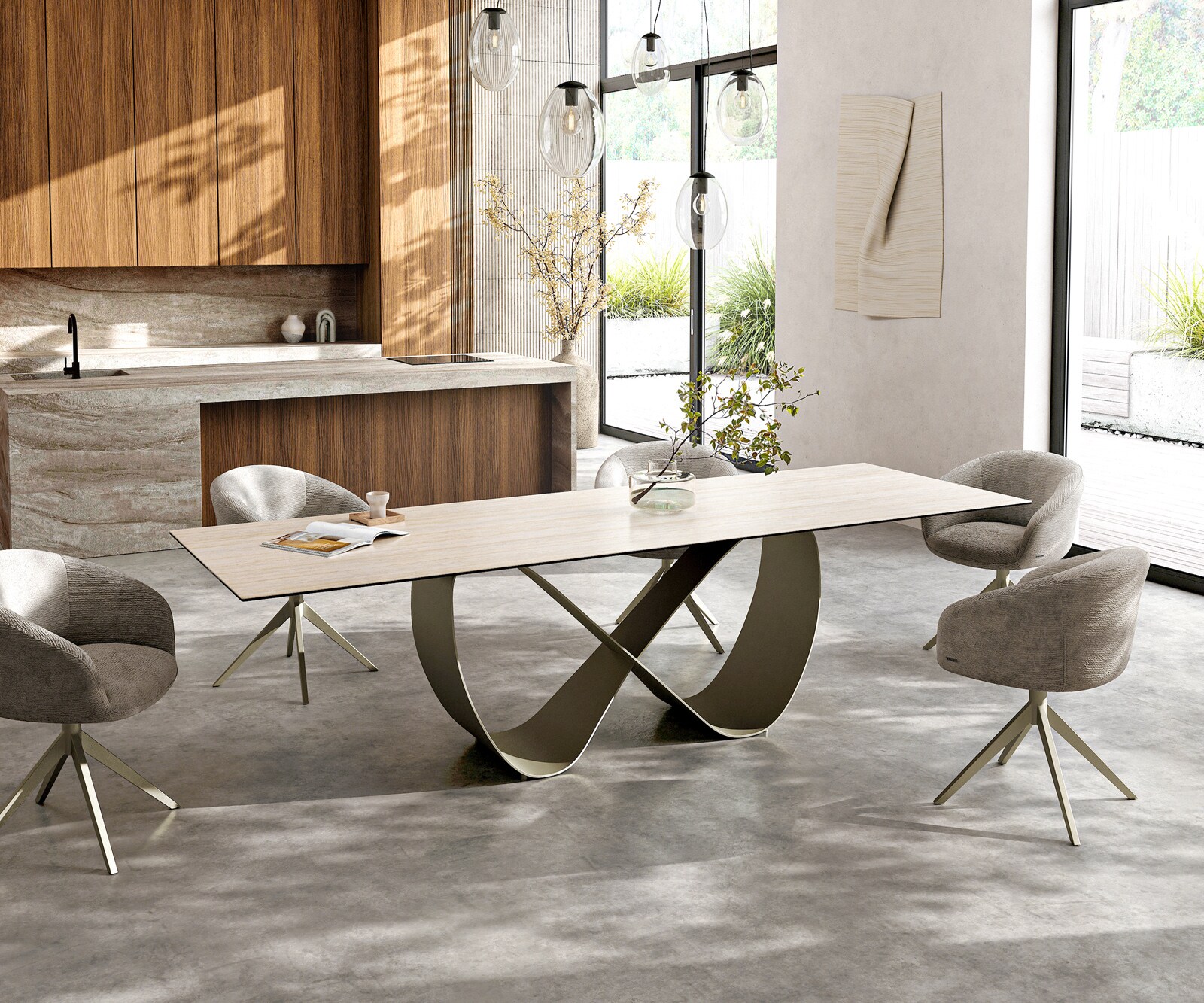 Stół do jadalni Edge 300x100cm ceramika Laminam® Travertino Bianco kremowo-biały rama Infinity metal kolor tytanowy 6
