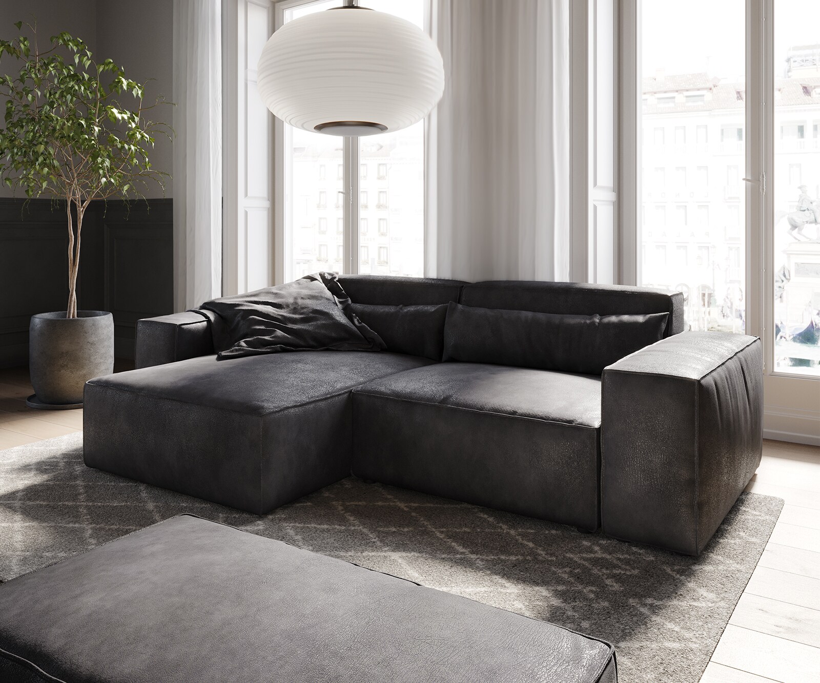 Sofa narożna Sirpio 230x155 cm eko-skóra antracytowy vintage szezlong z możliwością obustronnego montażu z pufem