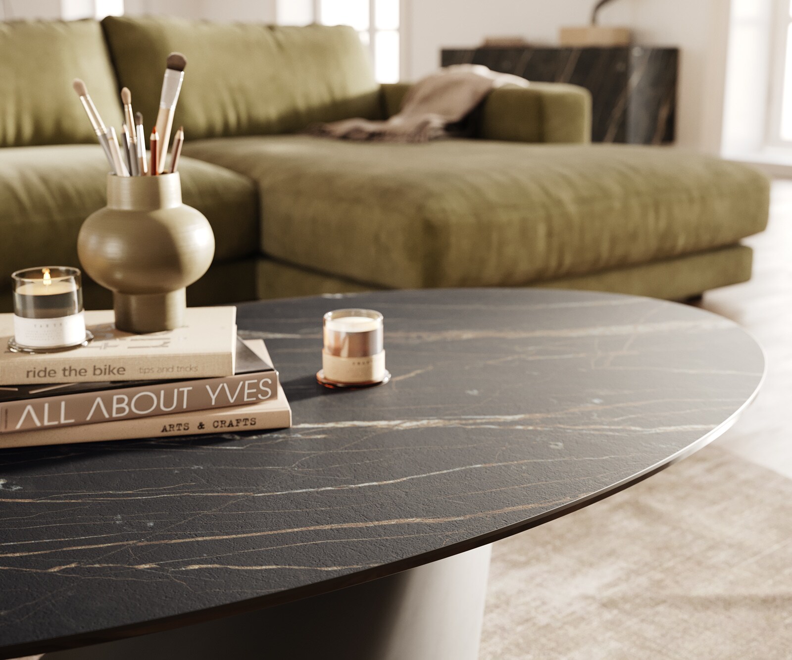 Stolik kawowy Edge owalny 140x80 cm ceramika Laminam® Noir Desir brązowa podstawa Conis metal czarny 6