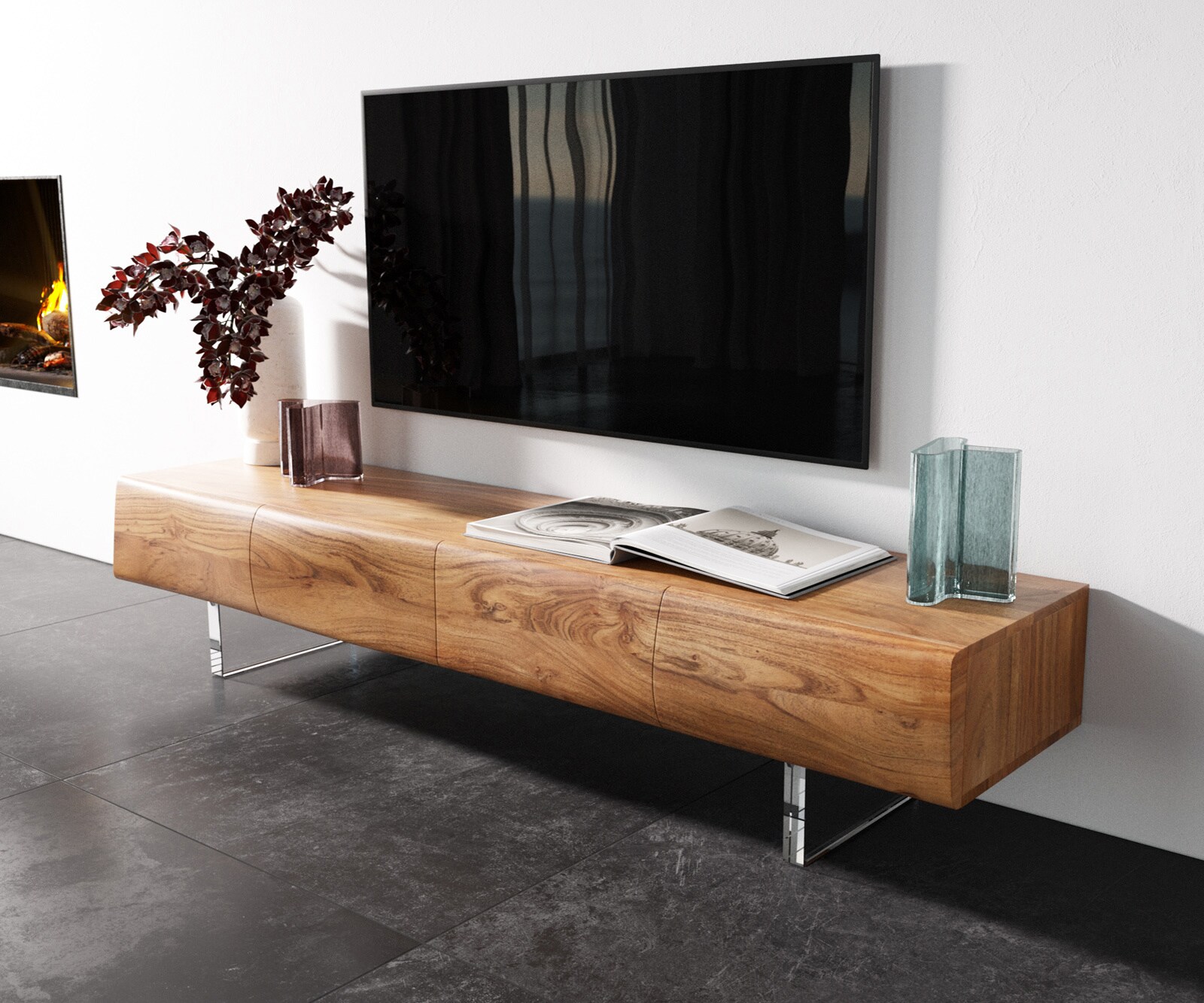 Szafka RTV New Live-Edge 175 cm akacja naturalna 4 drzwi nóżki akrylowe