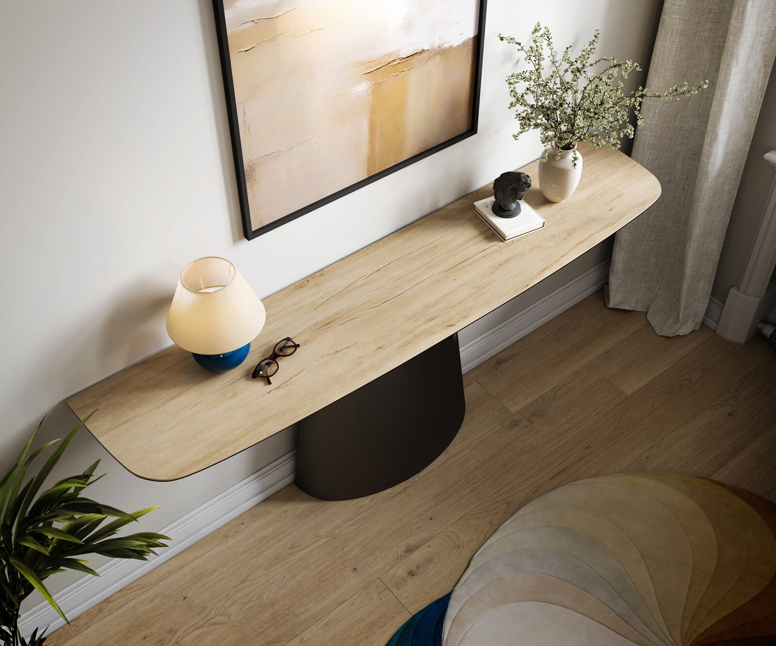 Konsola Edge w kształcie beczki 180x40 cm ceramika Laminam® Sabbia w kolorze dębu rama Conos metal czarny 2