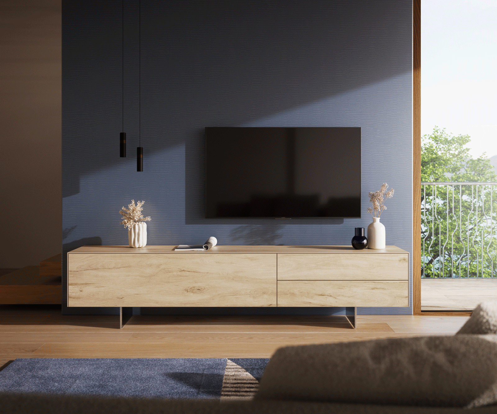 Szafka RTV Cuor 220 cm ceramika Laminam® Sabbia (kolor dębu) 1 klapa 2 szuflady nóżki wąskie stal nierdzewna 2