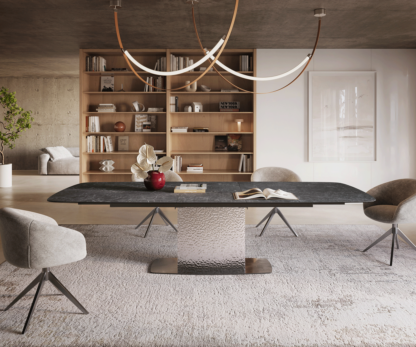 Stół do jadalni Edge w kształcie beczki 240-300x120 cm ceramika Laminam® Nero Greco Anthrazit rama Wave stal nierdzewna rozkładany 2