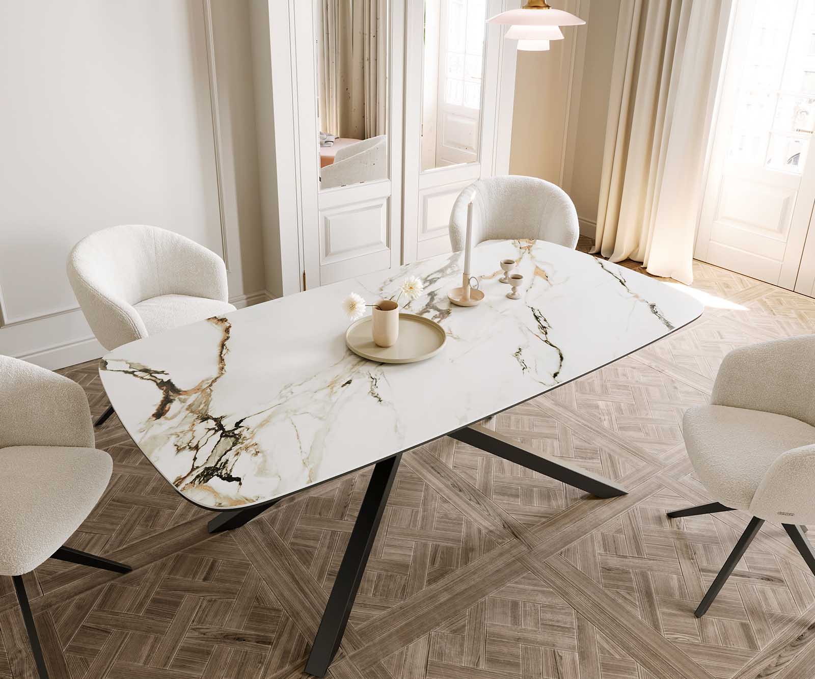 Stół do jadalni Edge kształt beczki 200x100cm ceramika Calacatta Luxe biało-złoto-szary rama Cross czarna 4