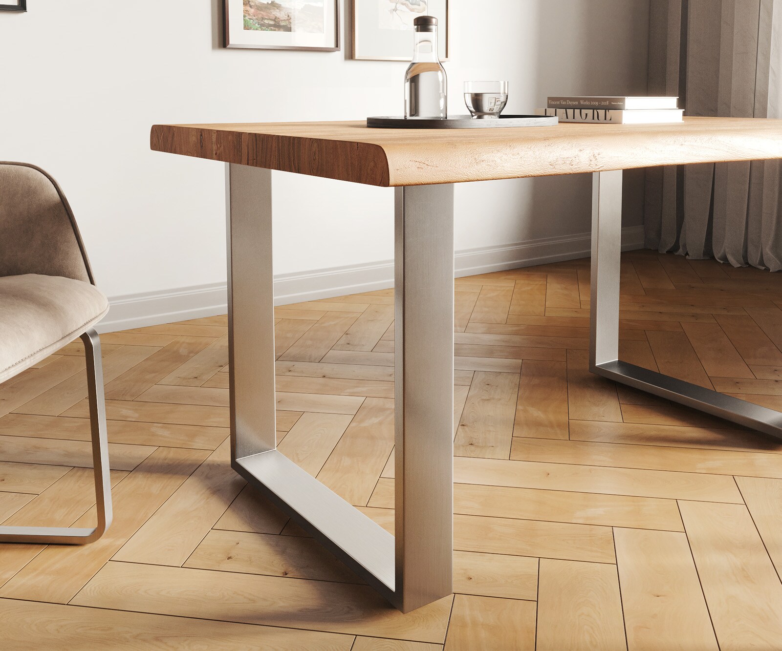 Stół do jadalni Edge 140x90cm XL akacja naturalna stal nierdzewna wąska rama live-edge 4