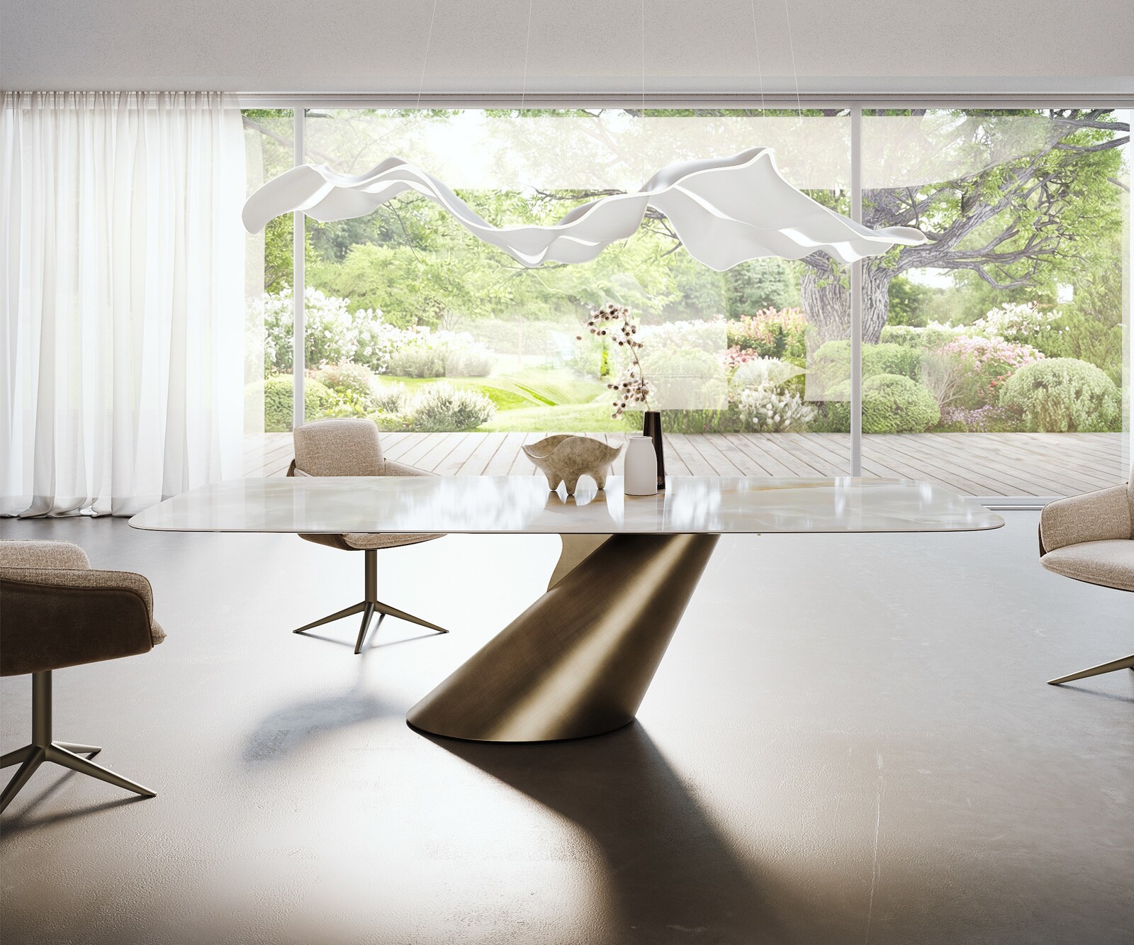Stół do jadalni Edge w kształcie beczki 270x120 cm ceramika Iris FMG Onice Grigio rama Cono metaliczny złoty 2