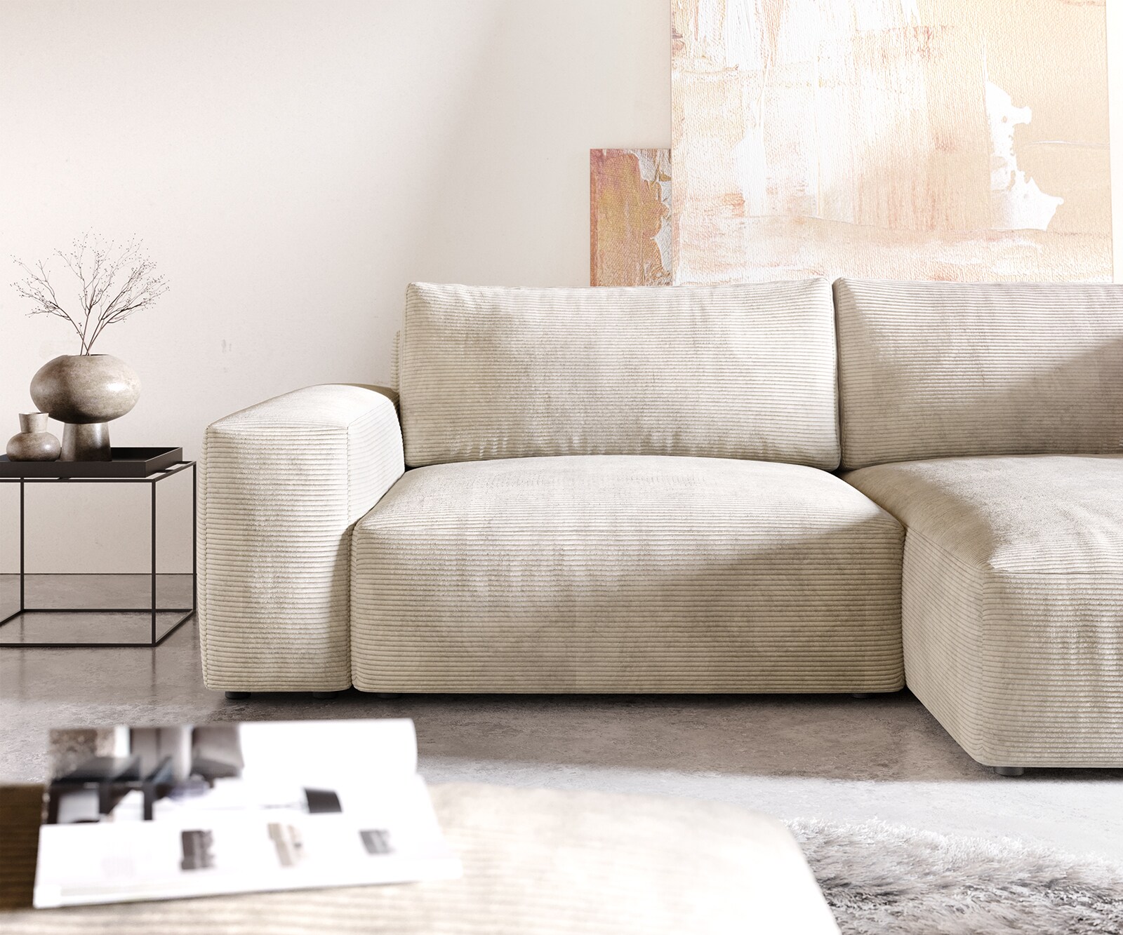Sofa narożna Lanzo XL 270x180cm sztruks beżowy szezlong z możliwością zmiennego ustawienia z pufem 4