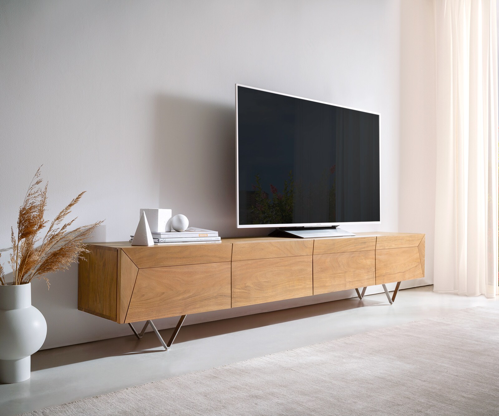 Szafka RTV Kayu 220 cm akacja naturalna 4 drzwi nóżki V