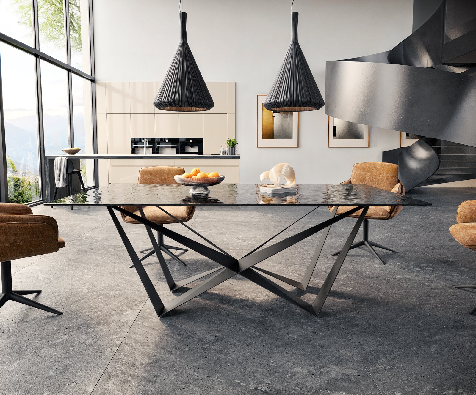 Stół do jadalni Edge 200x100 cm szkło reliefowe czarne efekt 3D rama Spider metal czarna 1