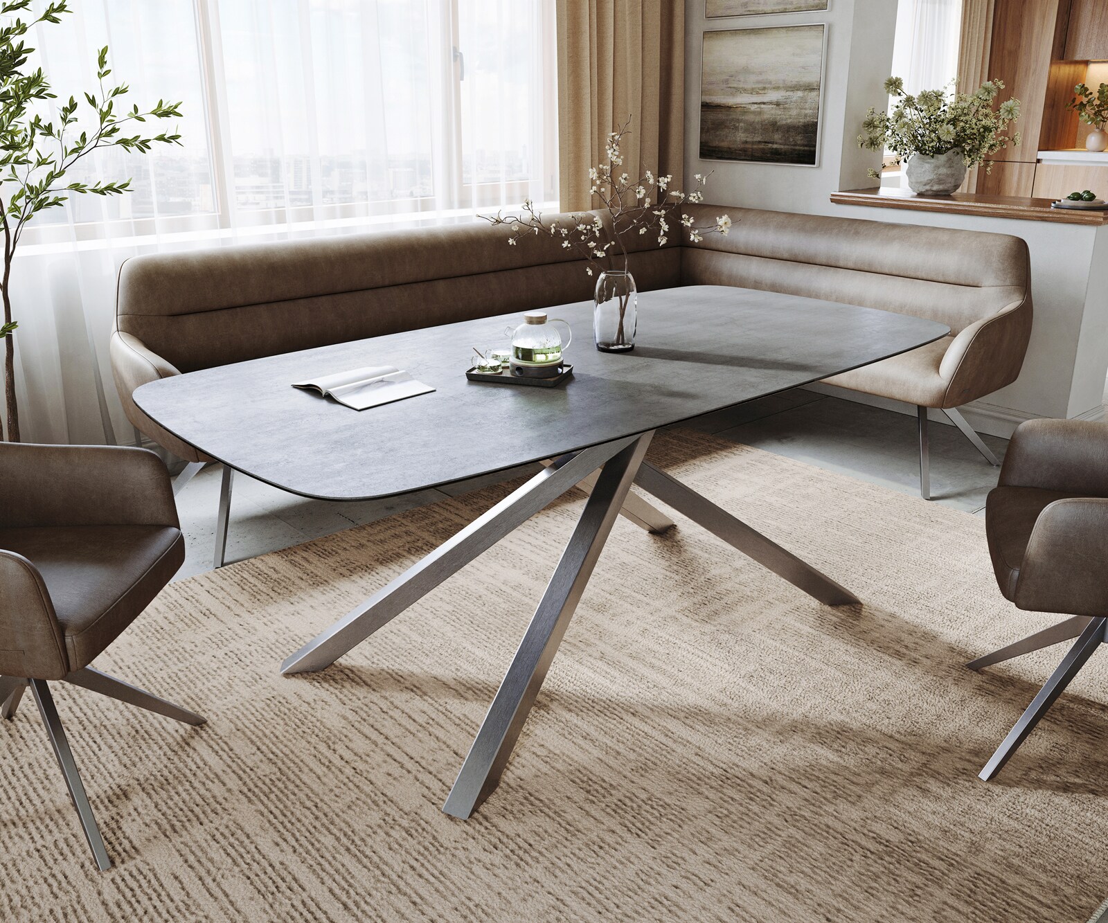 Stół do jadalni Edge Boot 200x100 cm ceramika Beton szary rama Cross stal nierdzewna