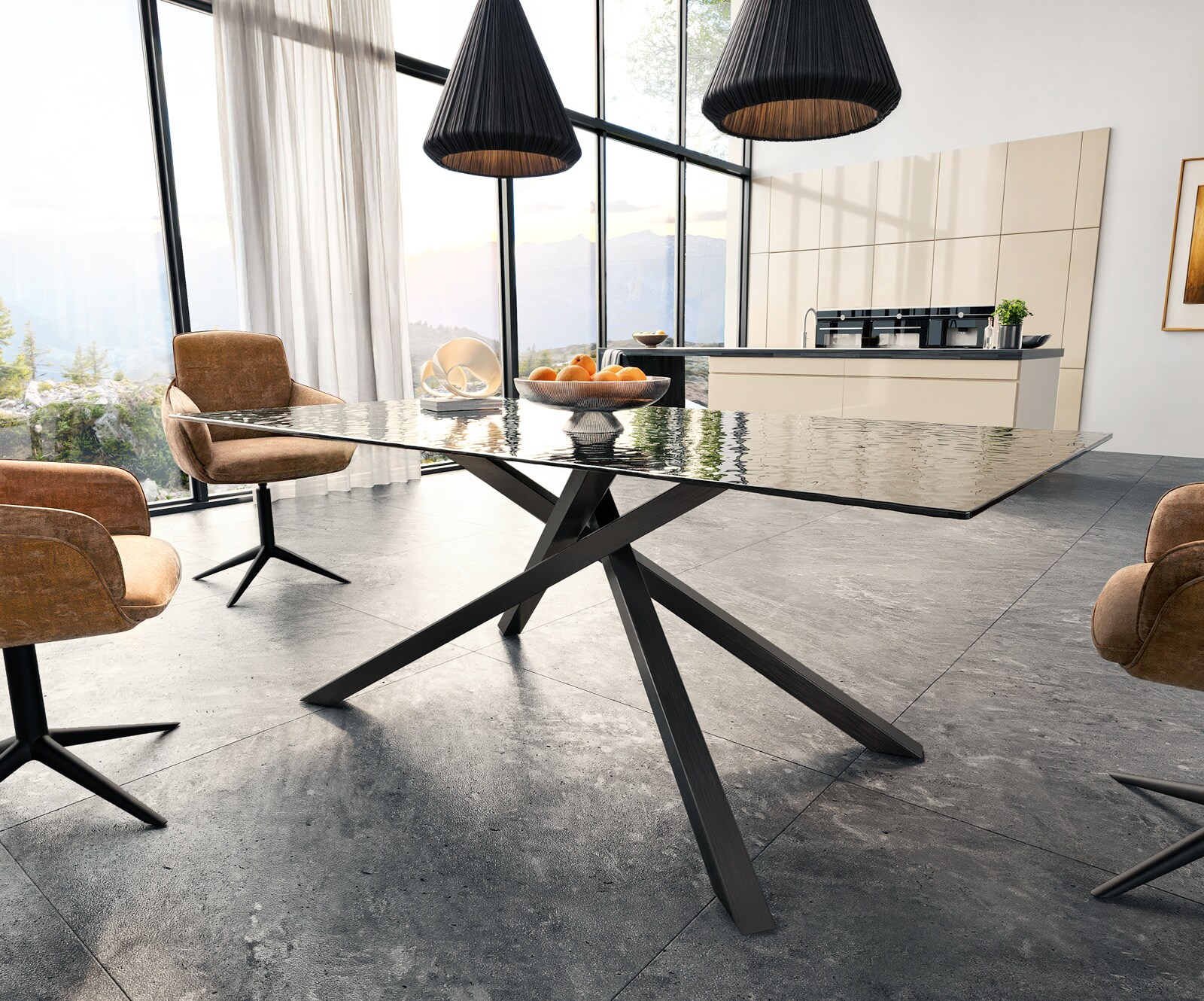 Stół do jadalni Edge 200x100 cm szkło reliefowe czarne efekt 3D rama Cross czarna 4