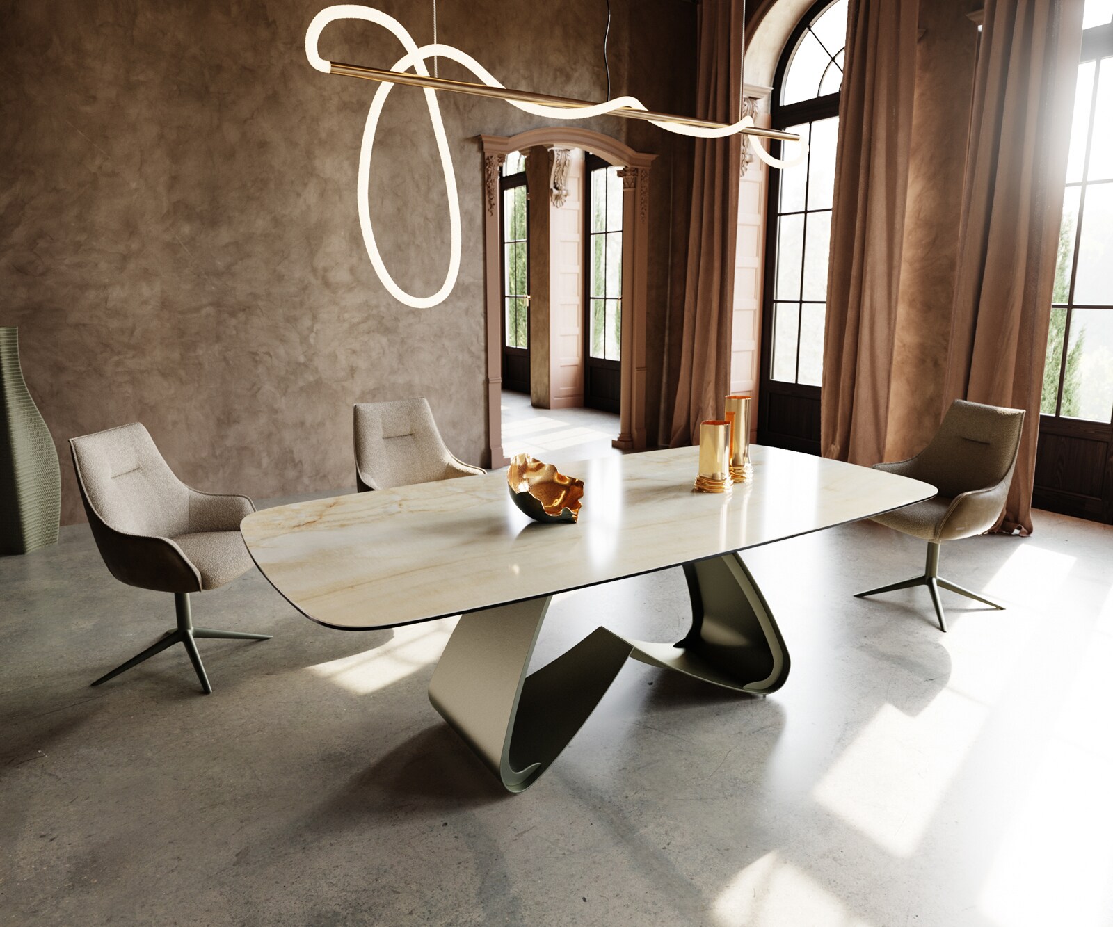 Stół do jadalni Edge w kształcie beczki 240x120cm ceramika Iris FMG Onice Oro rama W metal kolor tytanowy