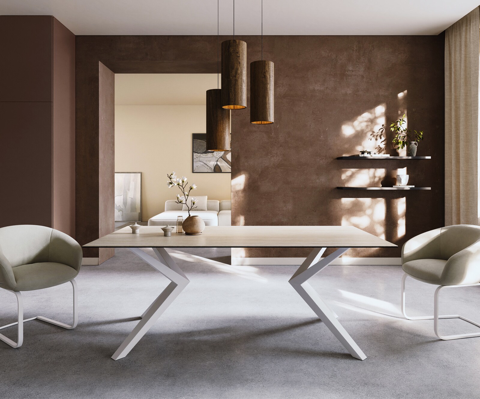 Stół do jadalni Edge 200x100cm ceramika Laminam® Travertino Bianco kremowo-biały rama Zenthara metal biały