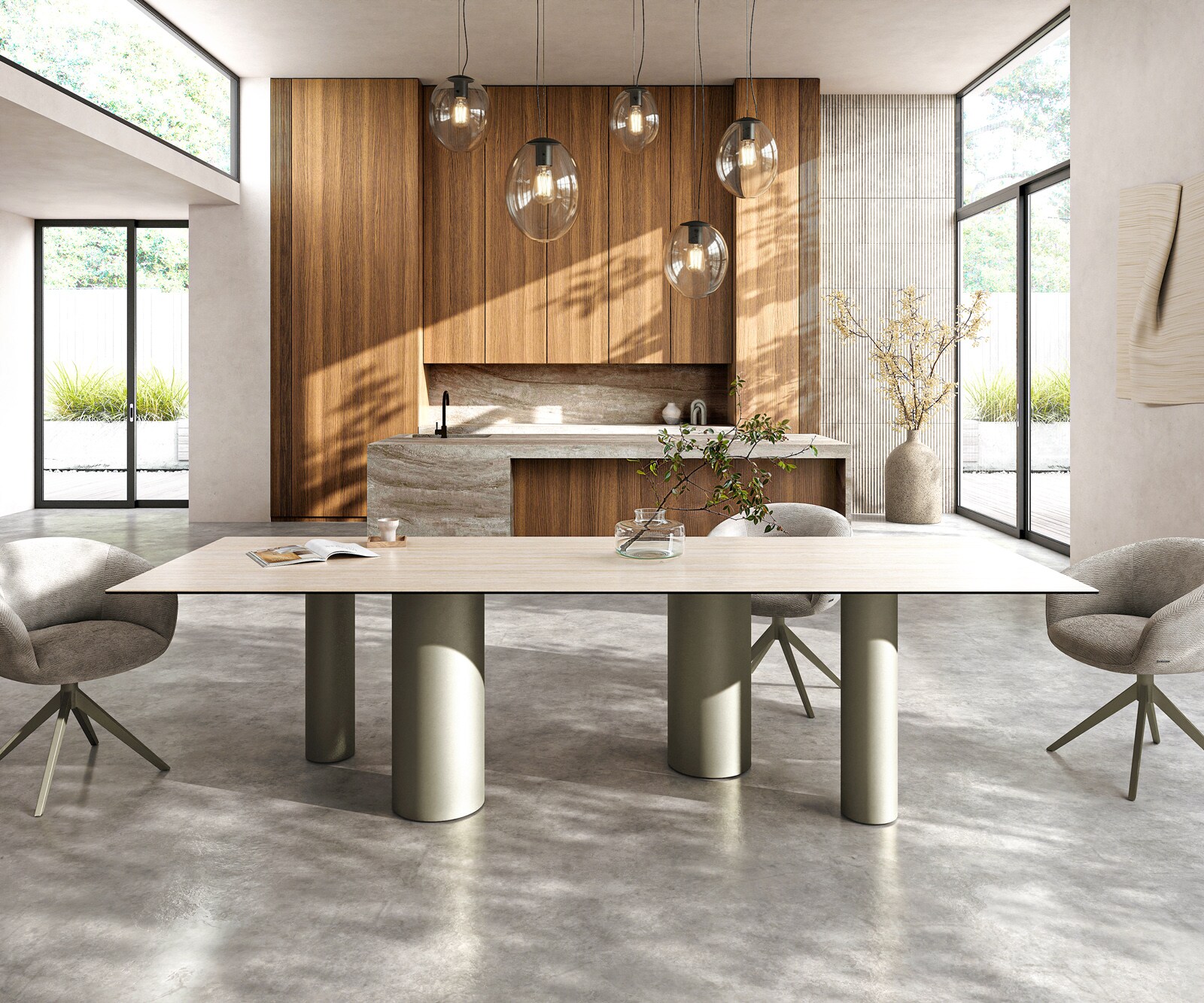Stół do jadalni Edge 300x100cm ceramika Laminam® Travertino Bianco kremowo-biały rama Pilier metal kolor tytanowy 1