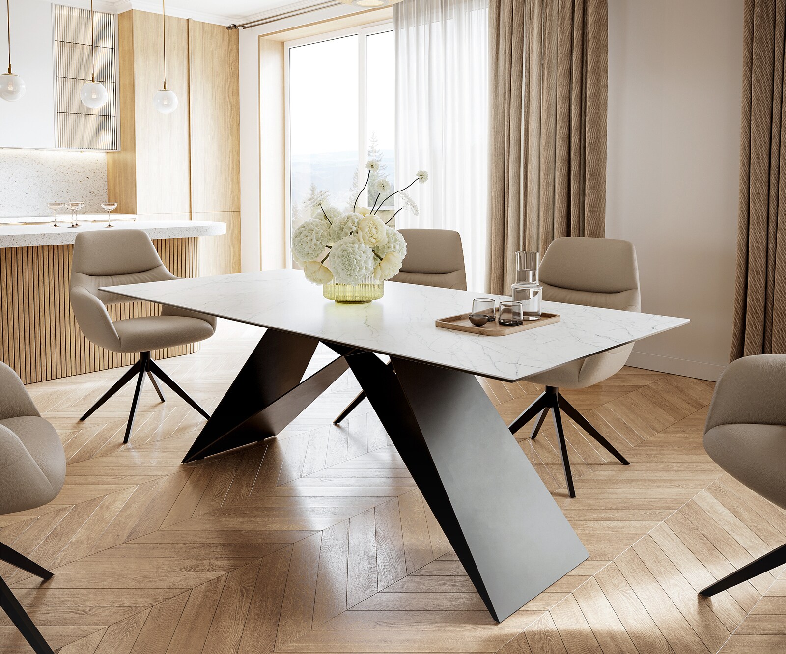 Stół do jadalni Edge 200x100 cm ceramika Laminam® Statuarietto biała rama V czarna 1