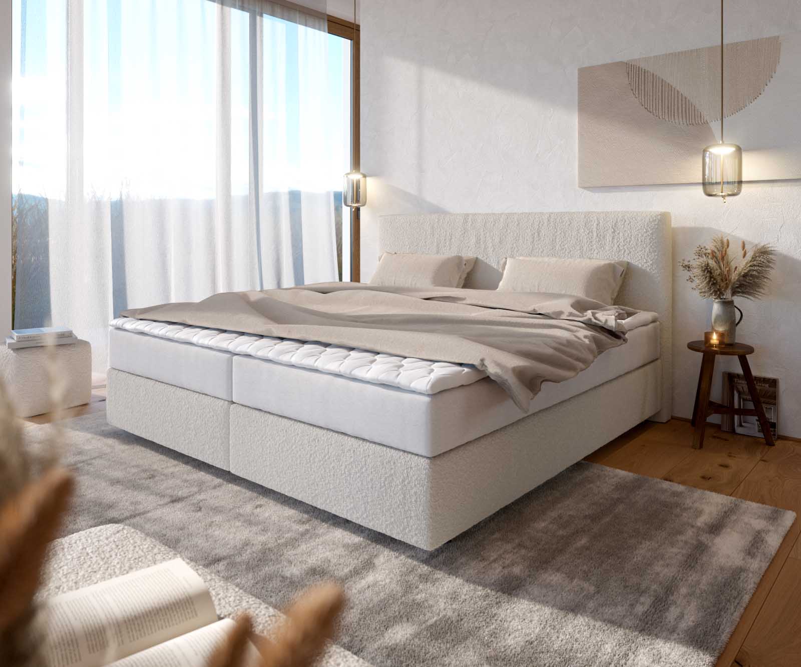 Łóżko kontynentalne Dream-Well bouclé kremowo-biały 200x200cm z materacem ze sprężynami kieszeniowymi i topperem Visco