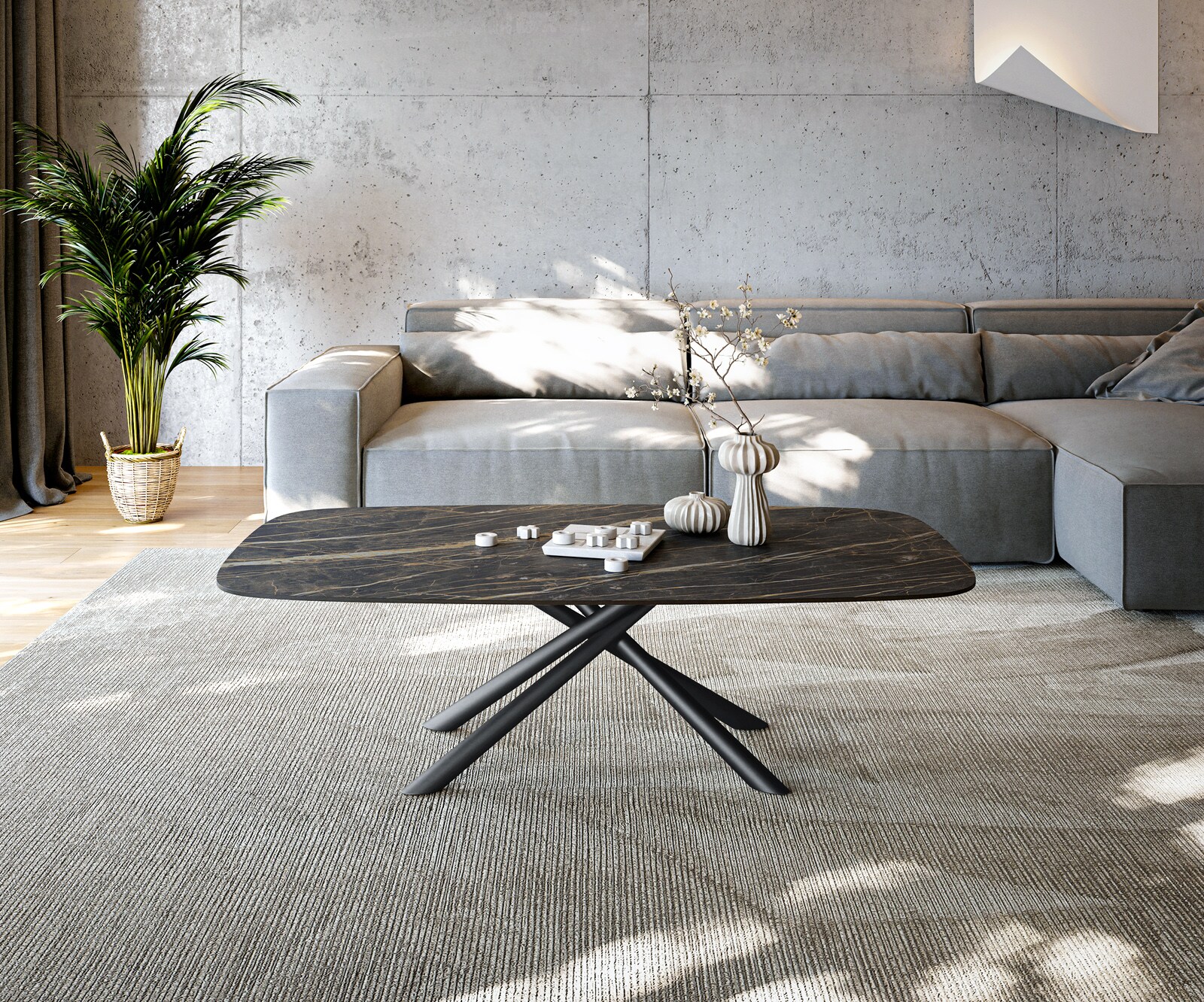 Stolik kawowy Edge w kształcie beczki 140x80 cm ceramika Laminam® Noir Desir brązowy Sarity czarny metal 1
