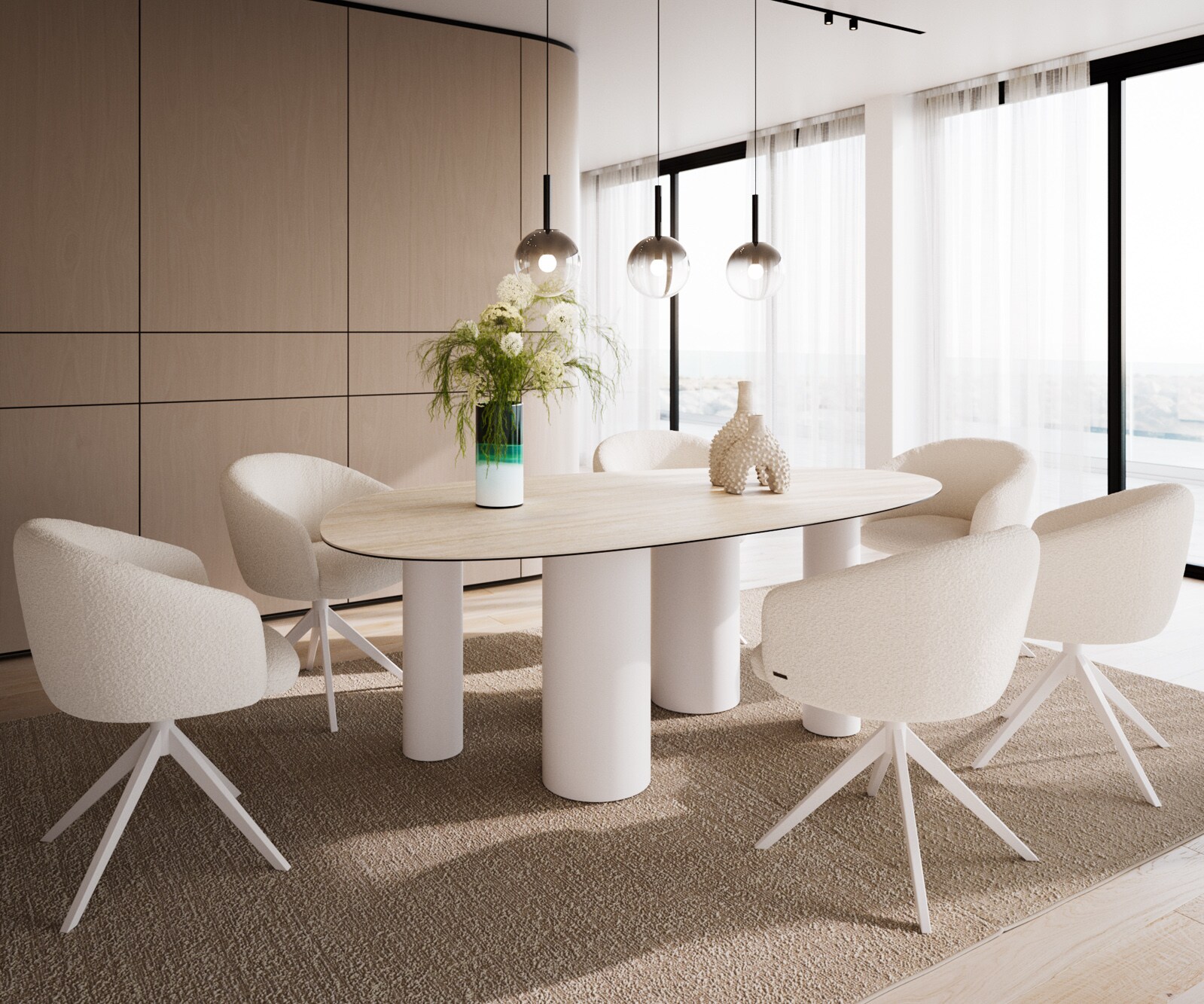 Stół do jadalni Edge owalny 220x120cm ceramika Laminam® Travertino Bianco kremowo-biały rama Pilier metal biały 5