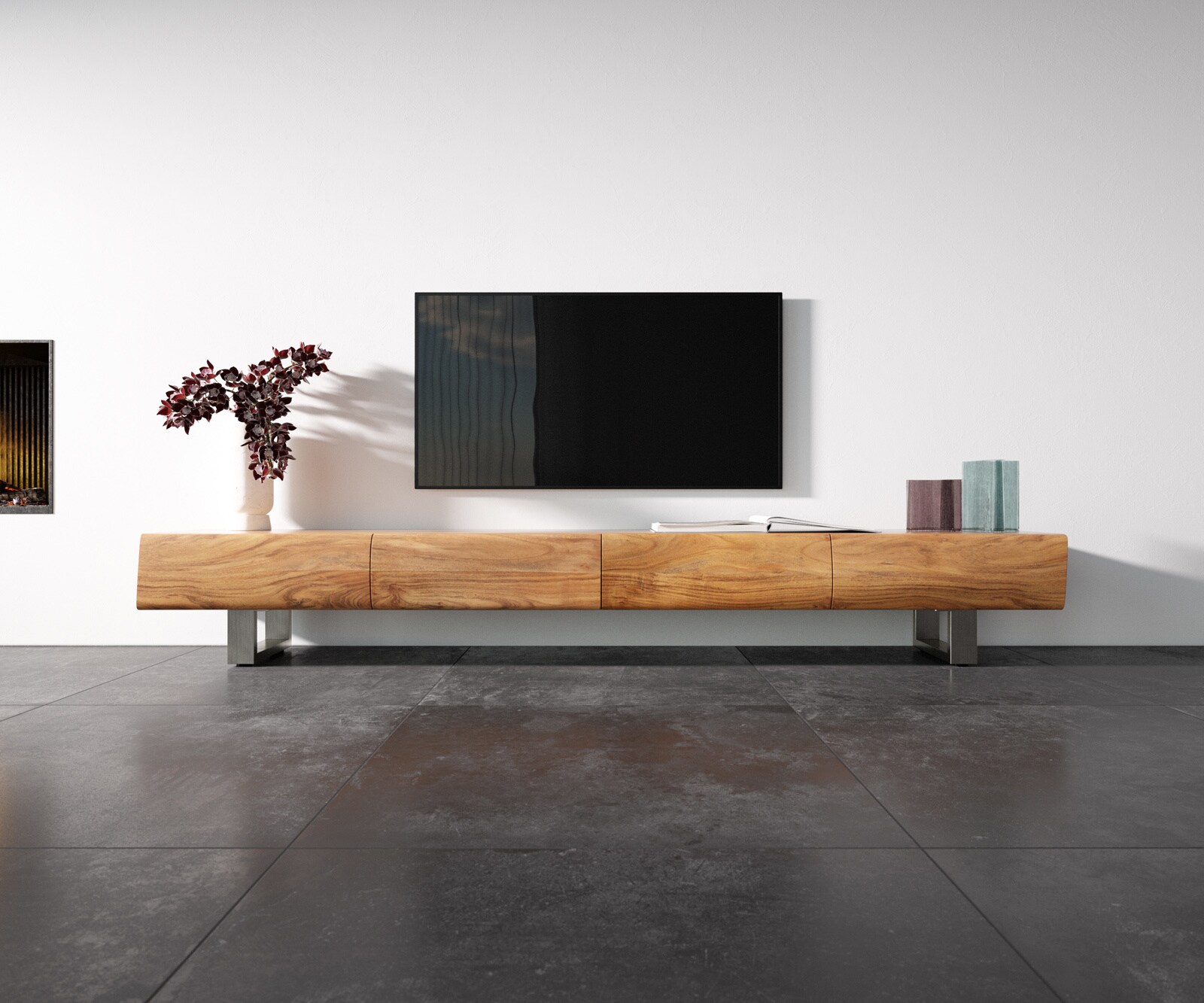 Szafka RTV New Live-Edge 240 cm akacja naturalna 4 szuflady nóżki płozowe szczotkowana stal nierdzewna 3