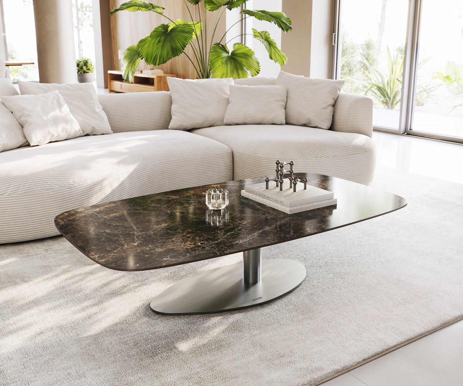 Stolik kawowy Edge w kształcie beczki 140x80 cm ceramika Laminam® Emperador Extra Lucidato ciemnobrązowa podstawa Vibany stal nierdzewna szczotkowana 1