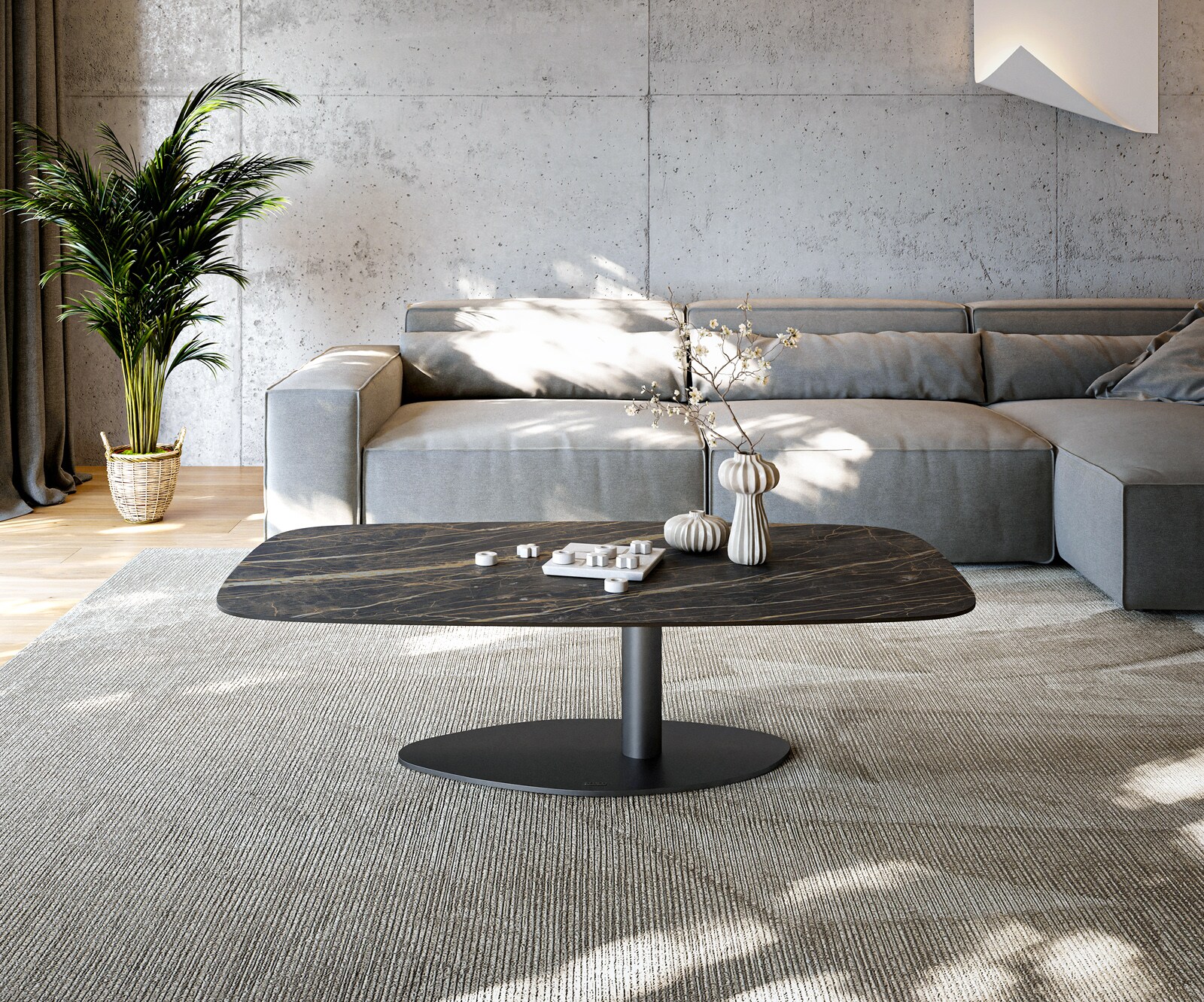 Stolik kawowy Edge w kształcie beczki 140x80 cm ceramika Laminam® Noir Desir brązowy Vibany czarny metal 1