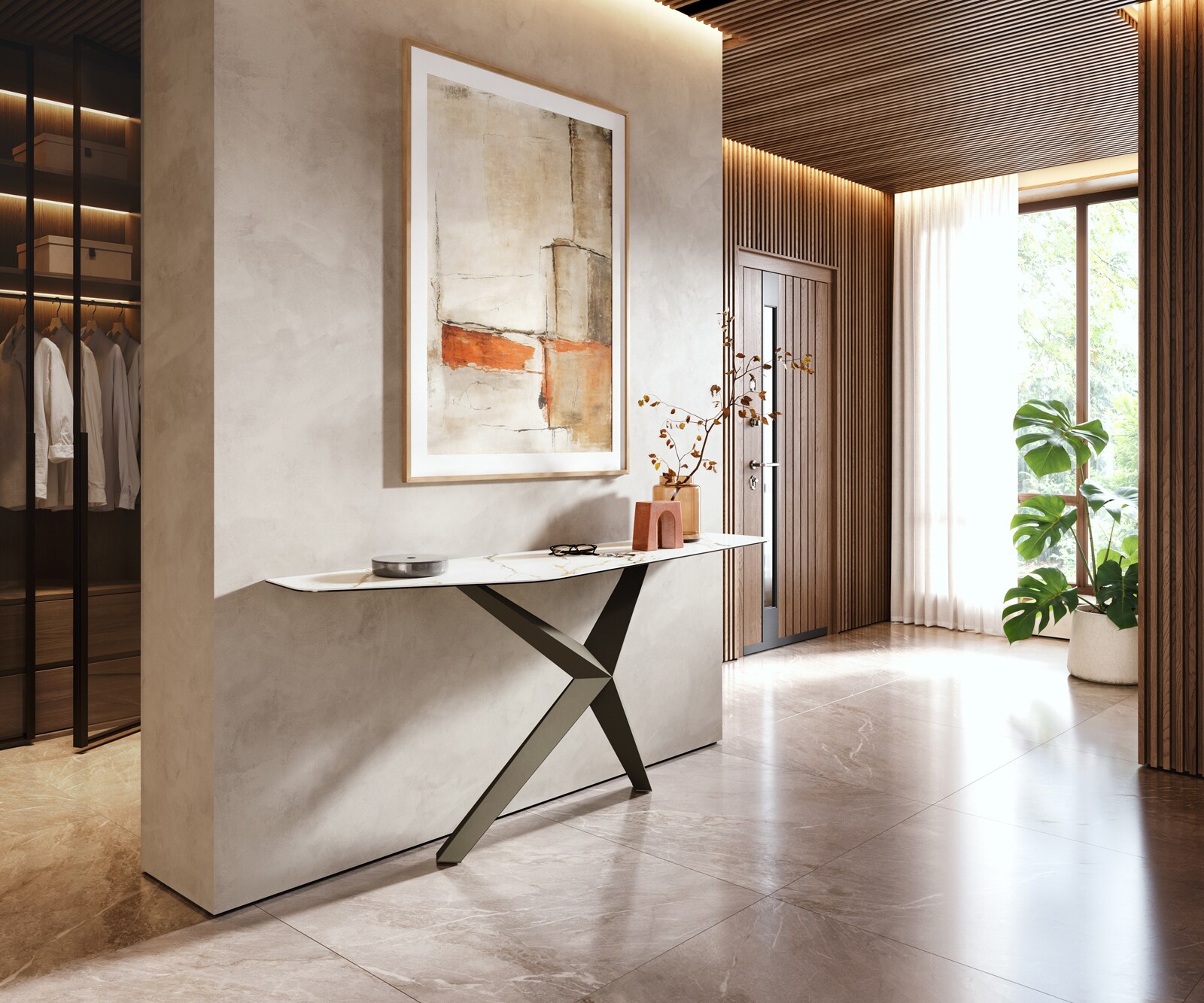 Konsola Edge wielokątna 180x50 cm ceramika Calacatta Luxe biało-złoto-szara podstawa Zentharo metal w kolorze tytanu 6