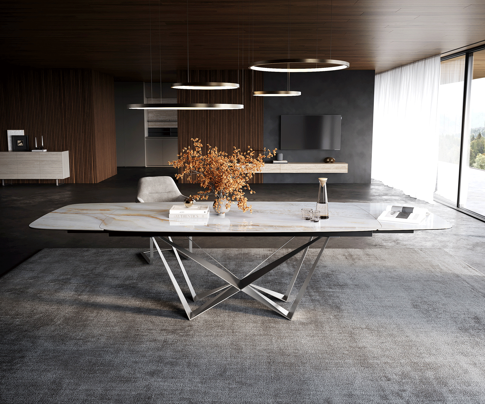 Stół do jadalni Edge w kształcie beczki 200-300x120 cm ceramika Onyx Pearl rama Spider stal nierdzewna rozkładany 2
