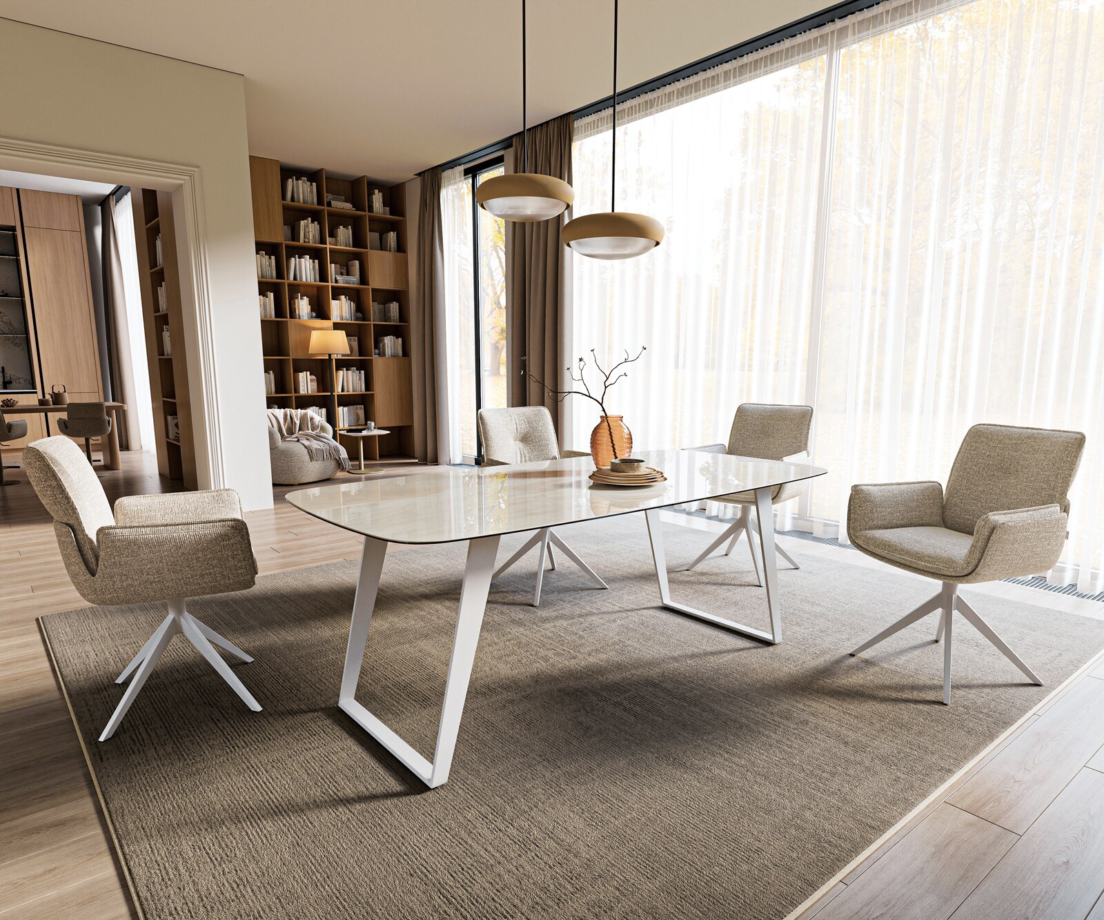 Stół do jadalni Edge w kształcie beczki 200x100 cm ceramika Onyx Champagne rama pochylona metal biały 6