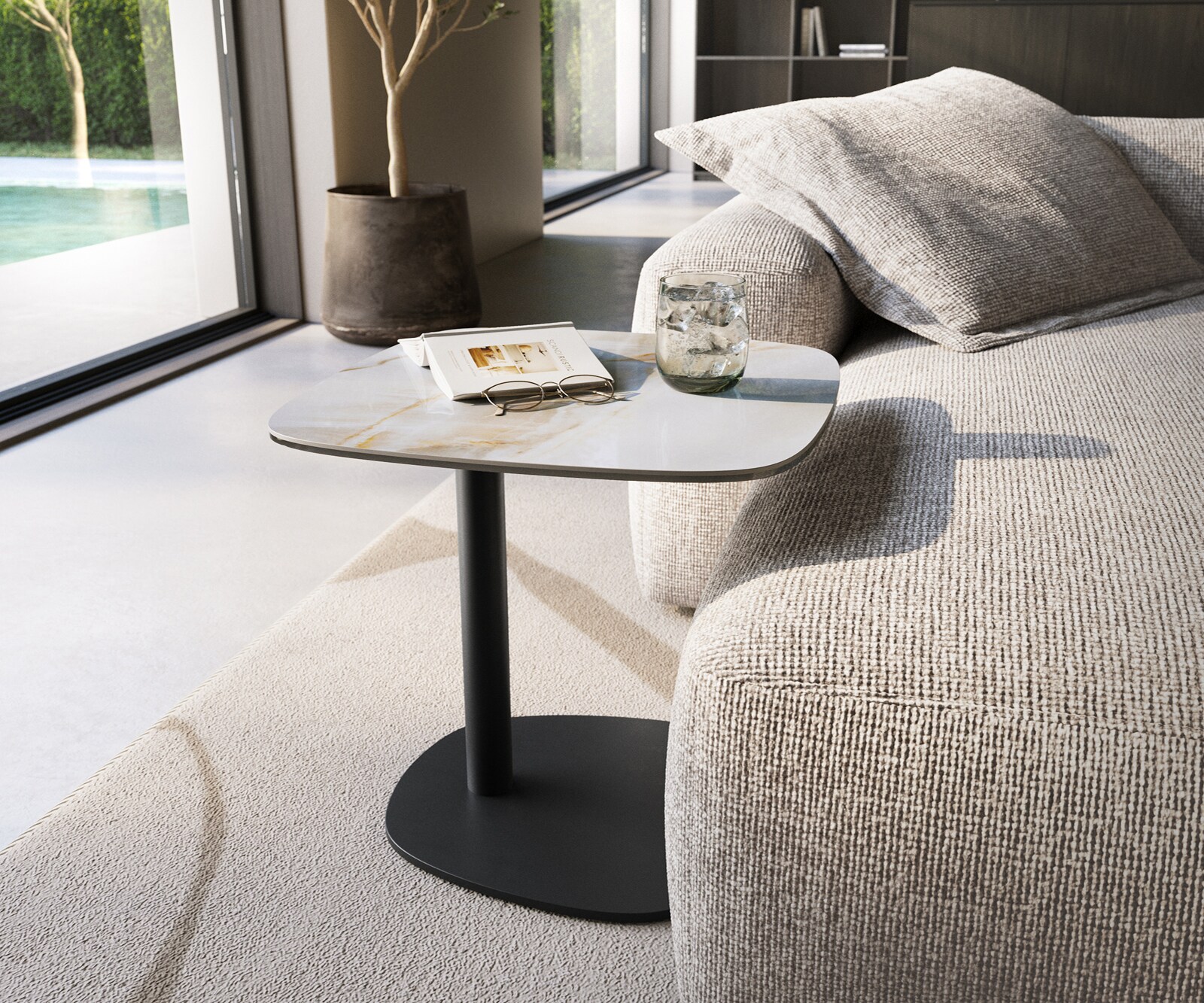 Stolik kawowy Edge w kształcie beczki 50x50 cm ceramika Onyx Pearl podstawa Eleny metal czarny 1