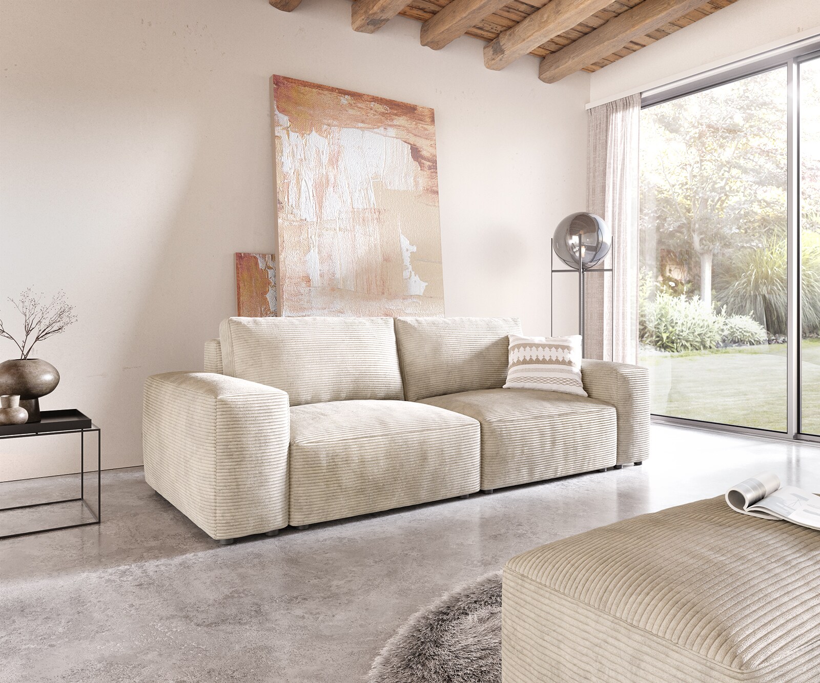 Sofa Lanzo 230x95 cm sztruks beżowy z pufem