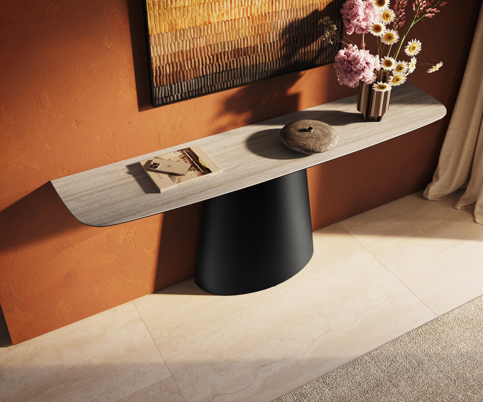Konsola Edge w kształcie beczki 180x40 cm ceramika Laminam® Travertino Bianco kremowo-biały rama Conos metal czarny 4