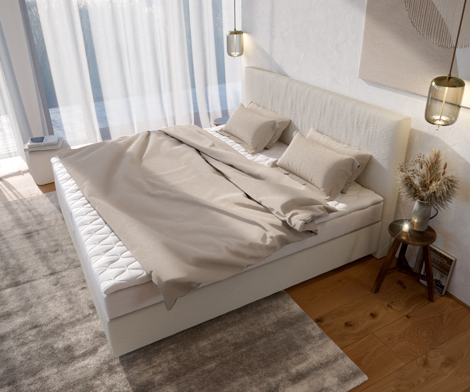 Łóżko kontynentalne Dream-Well bouclé kremowo-biały 200x200cm materac bonellowy topper PU 3