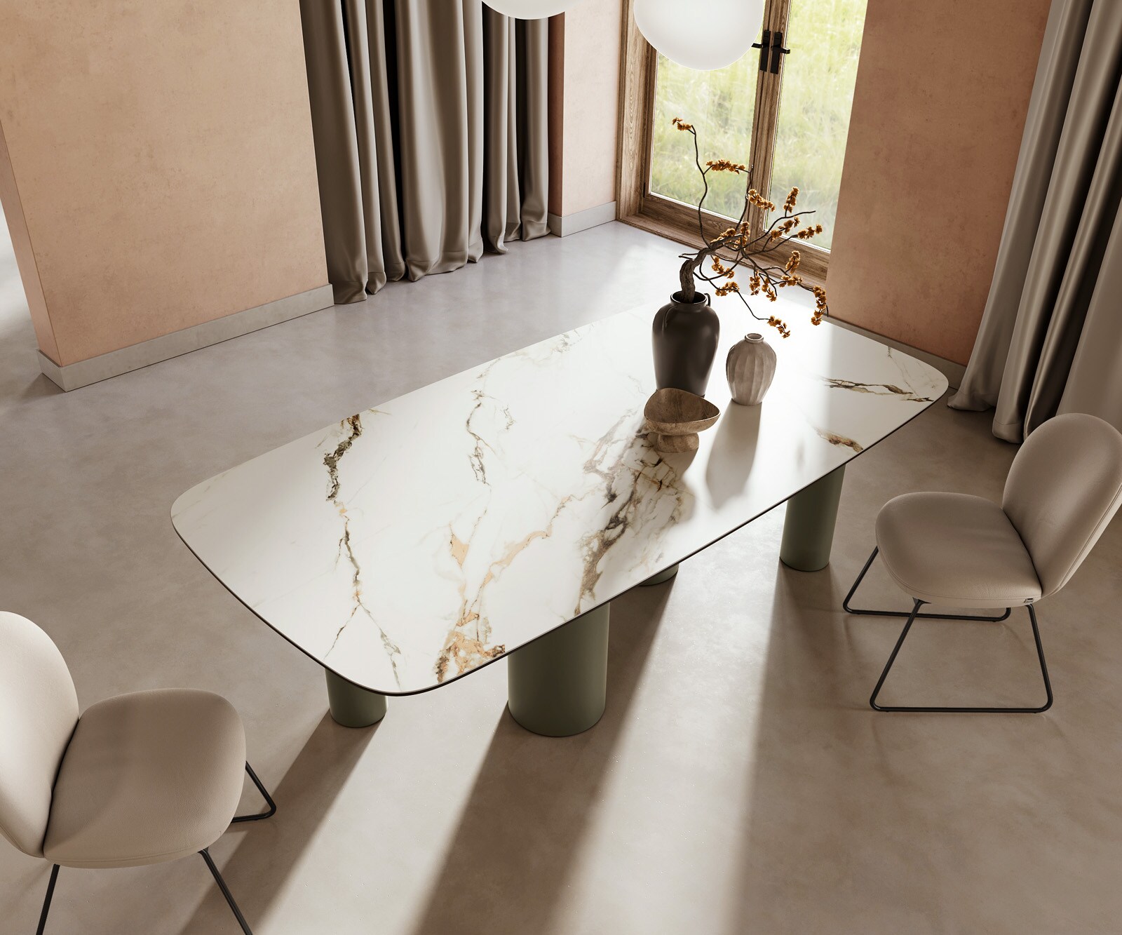 Stół do jadalni Edge kształt beczki 240x120cm ceramika Calacatta Luxe biało-złoto-szary rama Pilier metal kolor tytanowy 4