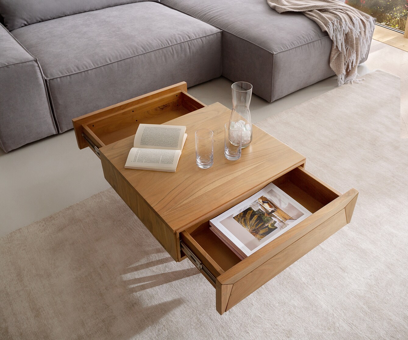 Stolik kawowy Kayu 60x60cm akacja naturalna 2 szuflady nóżki V stal nierdzewna 3
