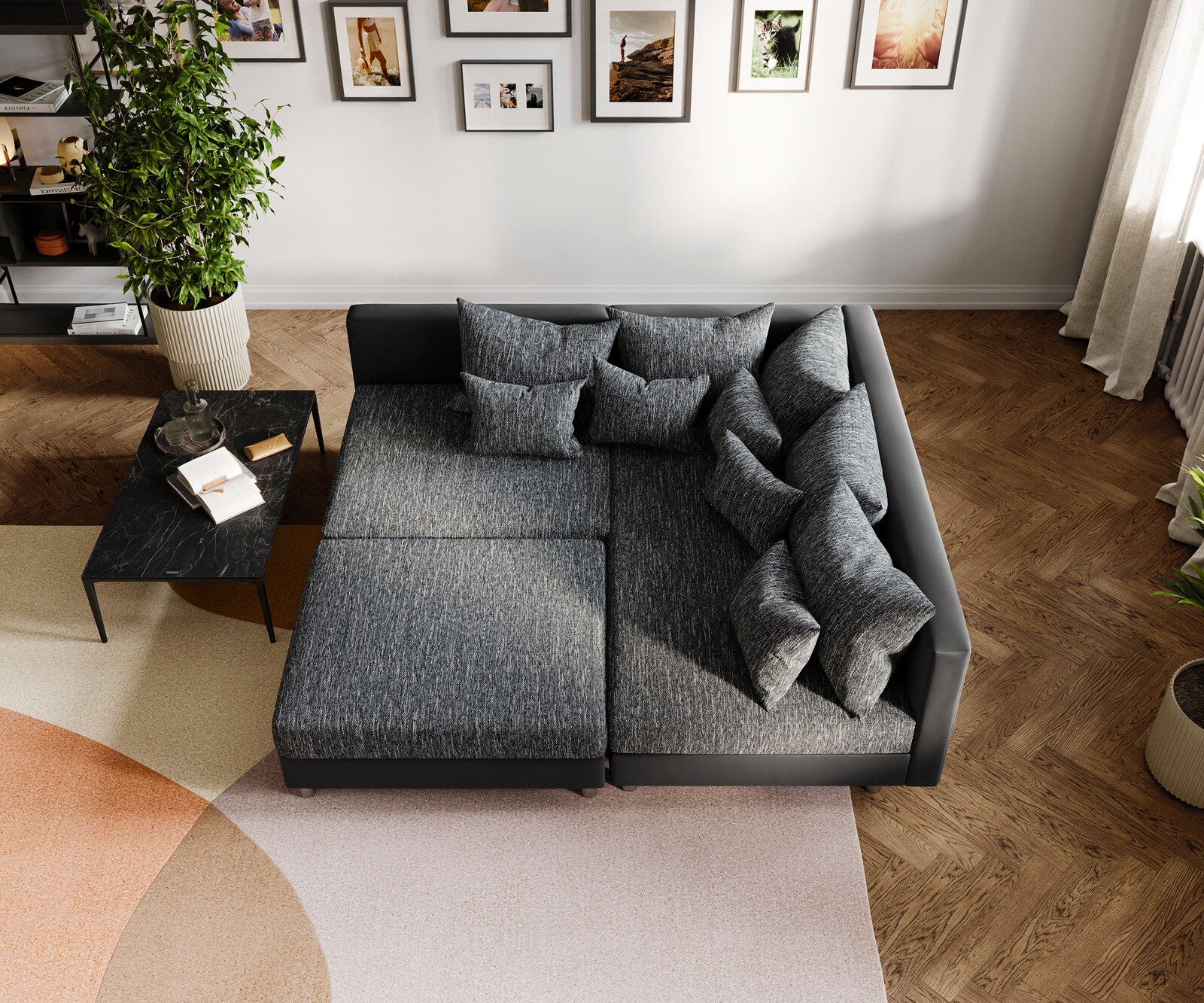 Sofa narożna Clovis czarna z pufem szezlong prawy modułowa 6