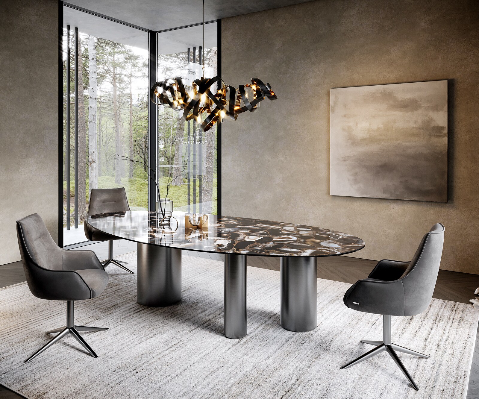 Stół do jadalni Edge owalny 280x130cm ceramika Iris FMG Agatablack rama Troa stal nierdzewna grafit 5