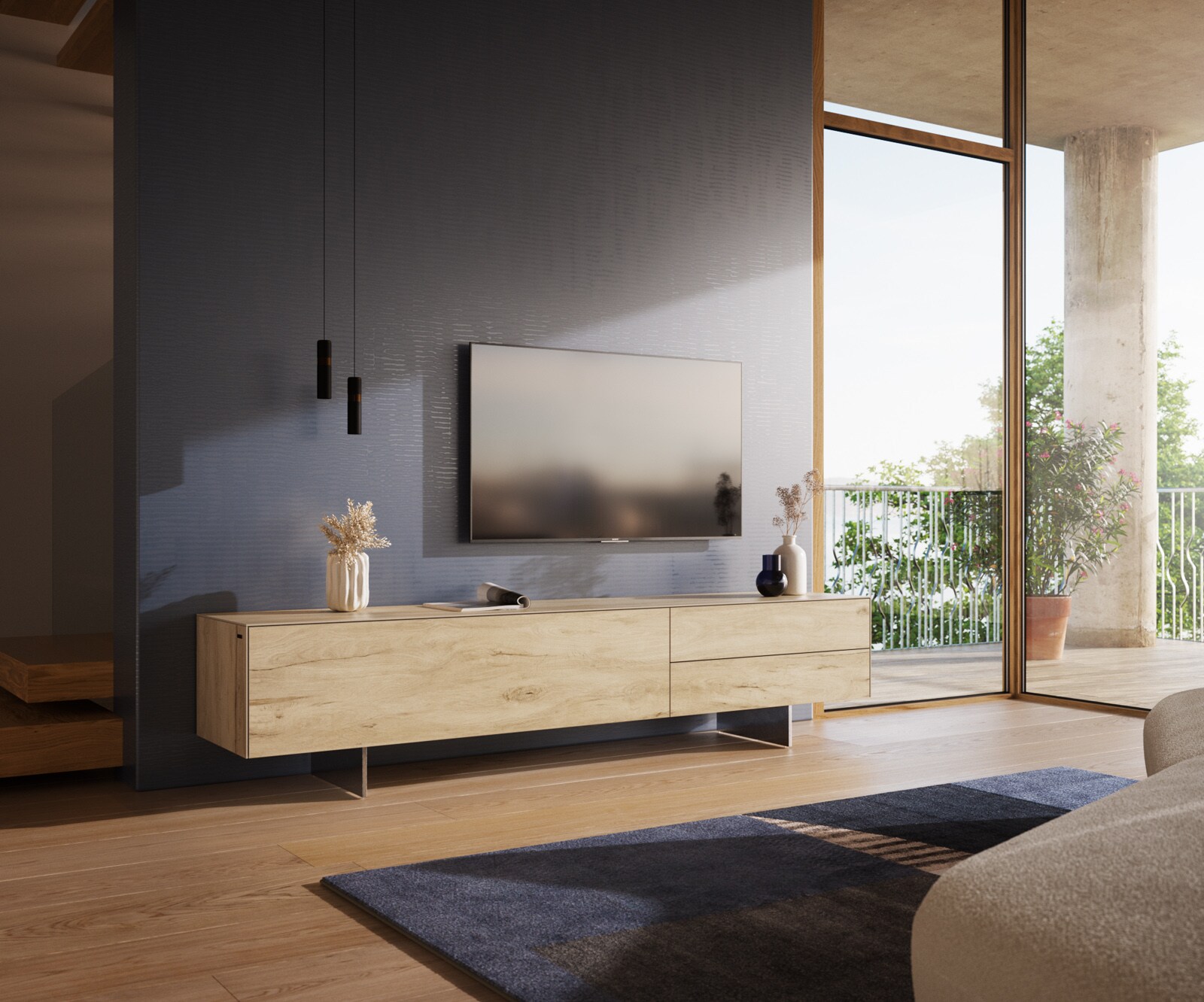 Szafka RTV Cuor 220 cm ceramika Laminam® Sabbia (kolor dębu) 1 klapa 2 szuflady nóżki wąskie stal nierdzewna 1