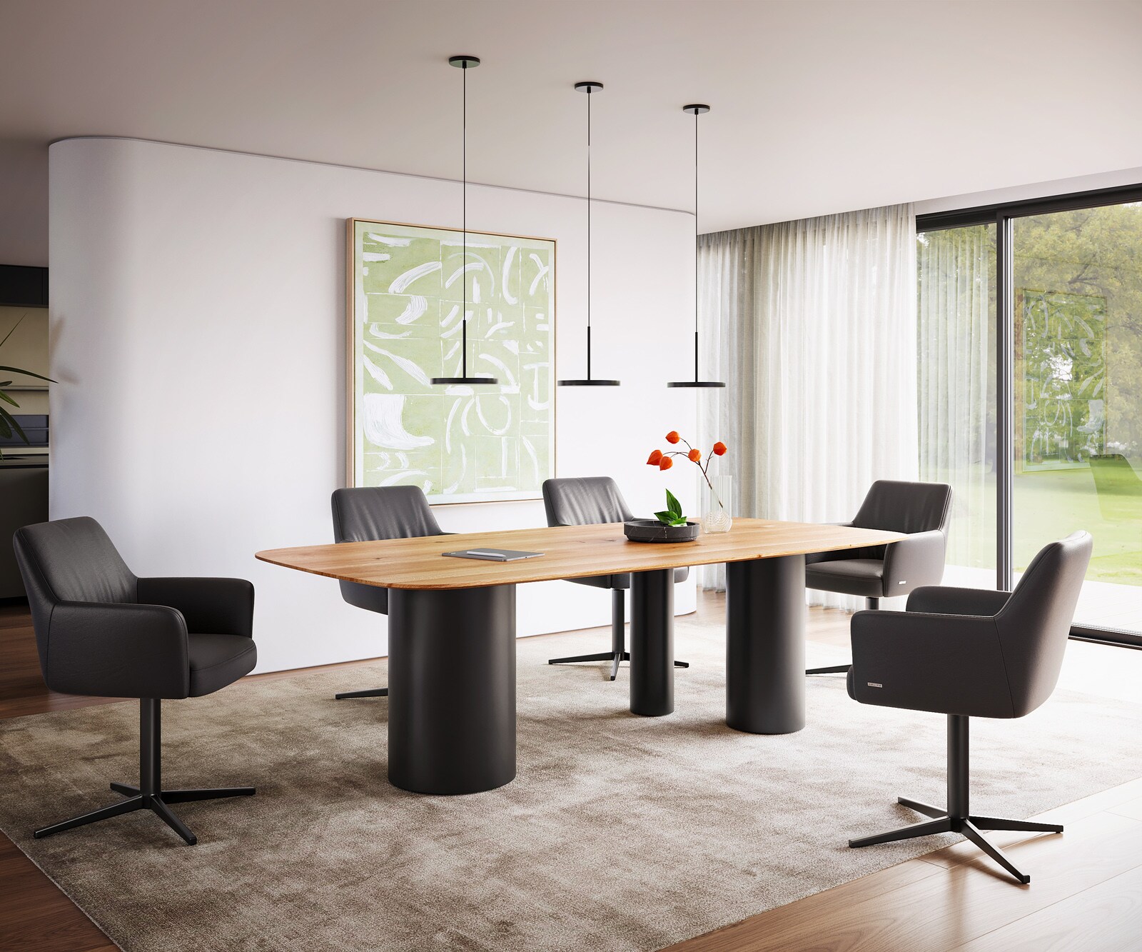 Stół do jadalni Edge kształt beczki 240x120x2,5-3cm dąb naturalny rama Troa metal czarny krawędź szwajcarska 4
