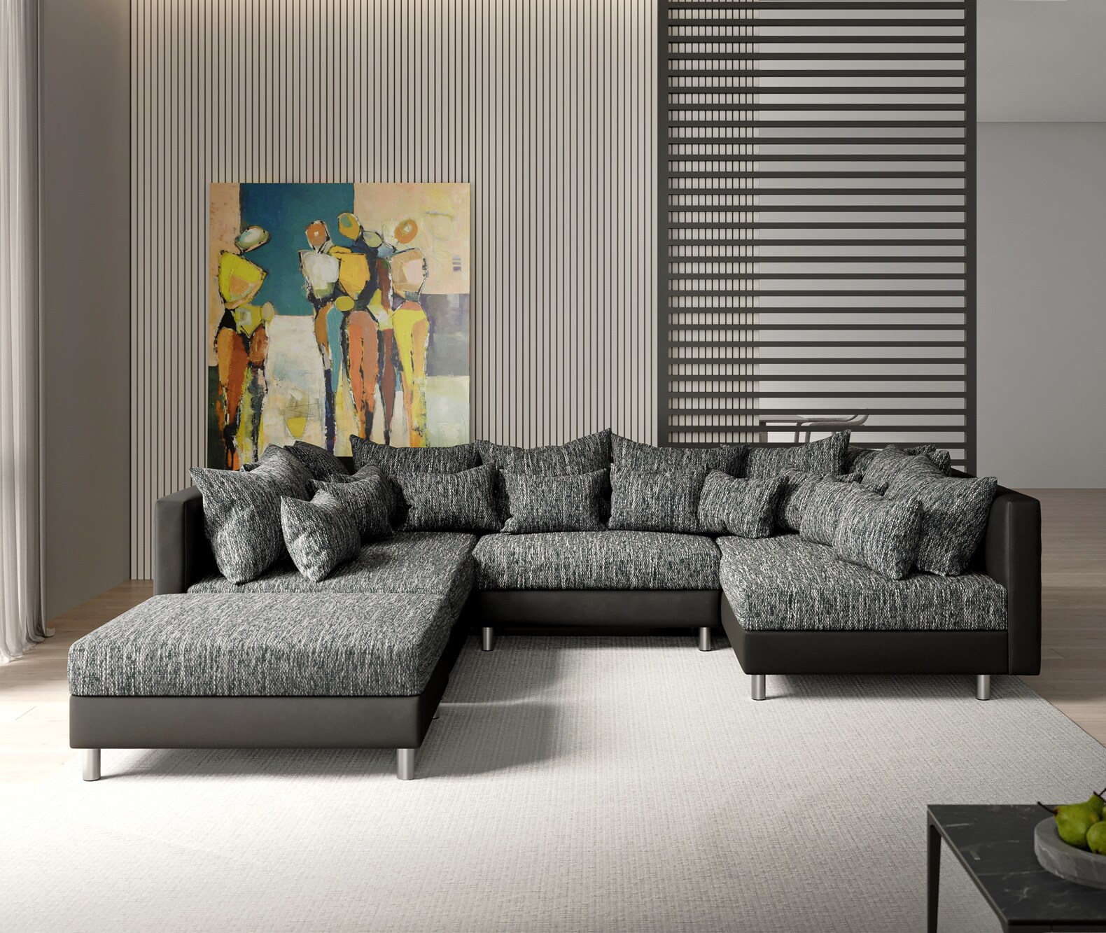 Zestaw wypoczynkowy Clovis czarna sofa modułowa z pufem 1