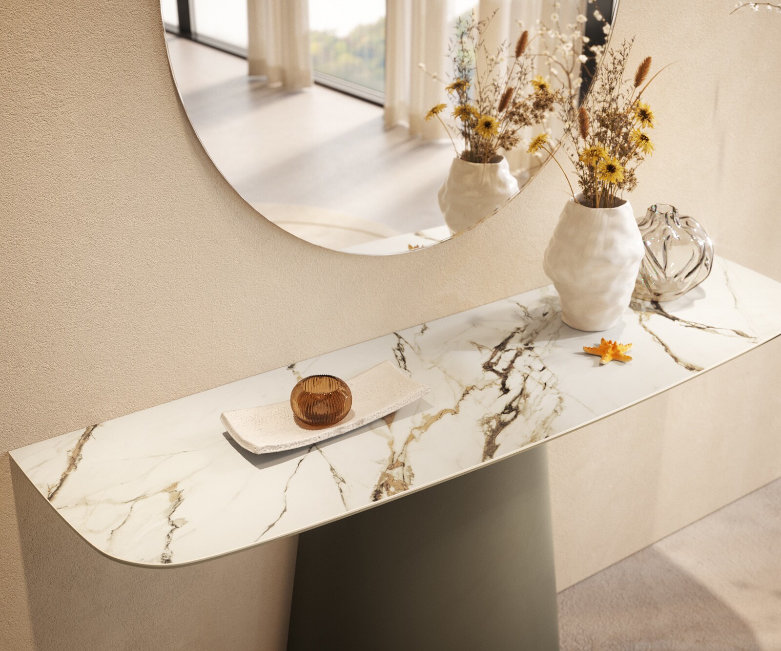 Konsola Edge w kształcie beczki 140x40 cm ceramika Calacatta Luxe biało-złoto-szara rama Conos metal w kolorze tytanu 6