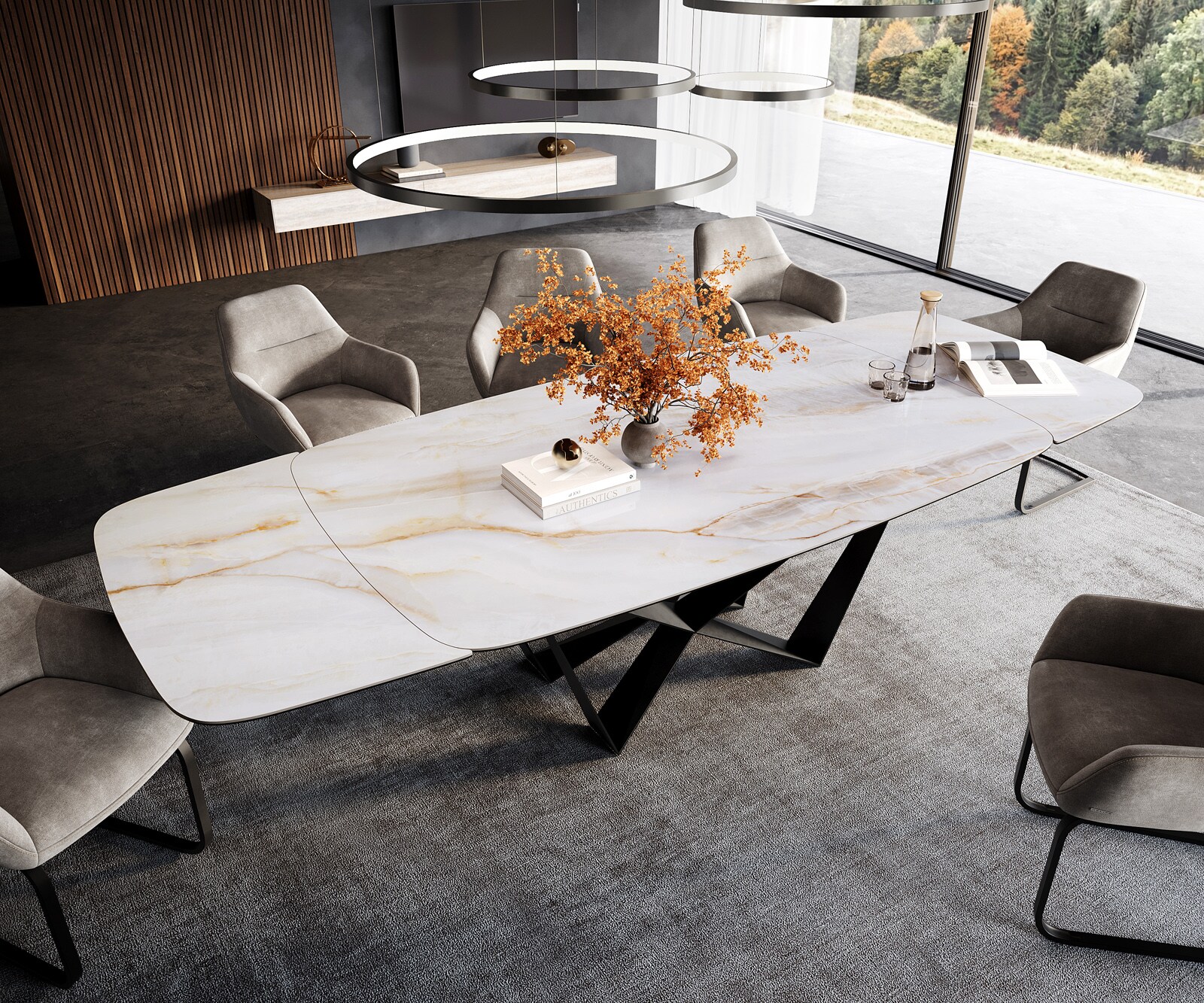 Stół do jadalni Edge w kształcie beczki 200-300x120 cm ceramika Onyx Pearl rama Spider czarna rozkładany 4