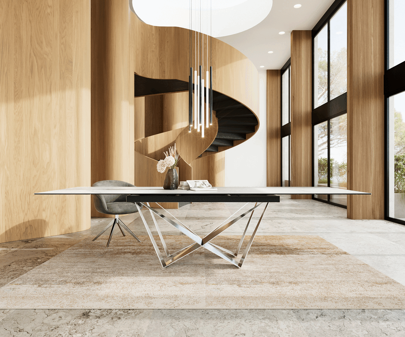Stół do jadalni Edge 200-300x100 cm ceramika Laminam® Statuarietto biały rama Spider stal nierdzewna rozkładany 2