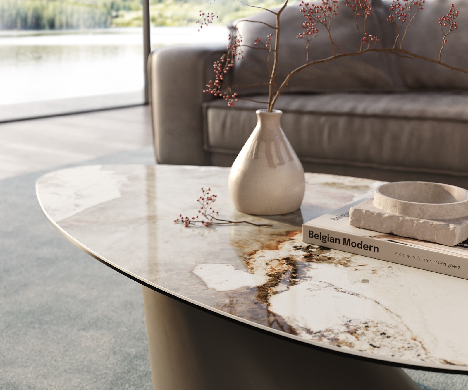 Stolik kawowy Edge organiczny 140x76 cm ceramika Minas Melange Conis wykończenie tytanowe 6