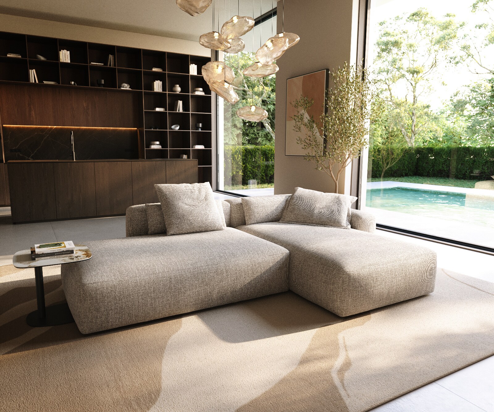 Sofa narożna Freestyle 310x200 cm miękka tkanina beżowa szew płaski 1