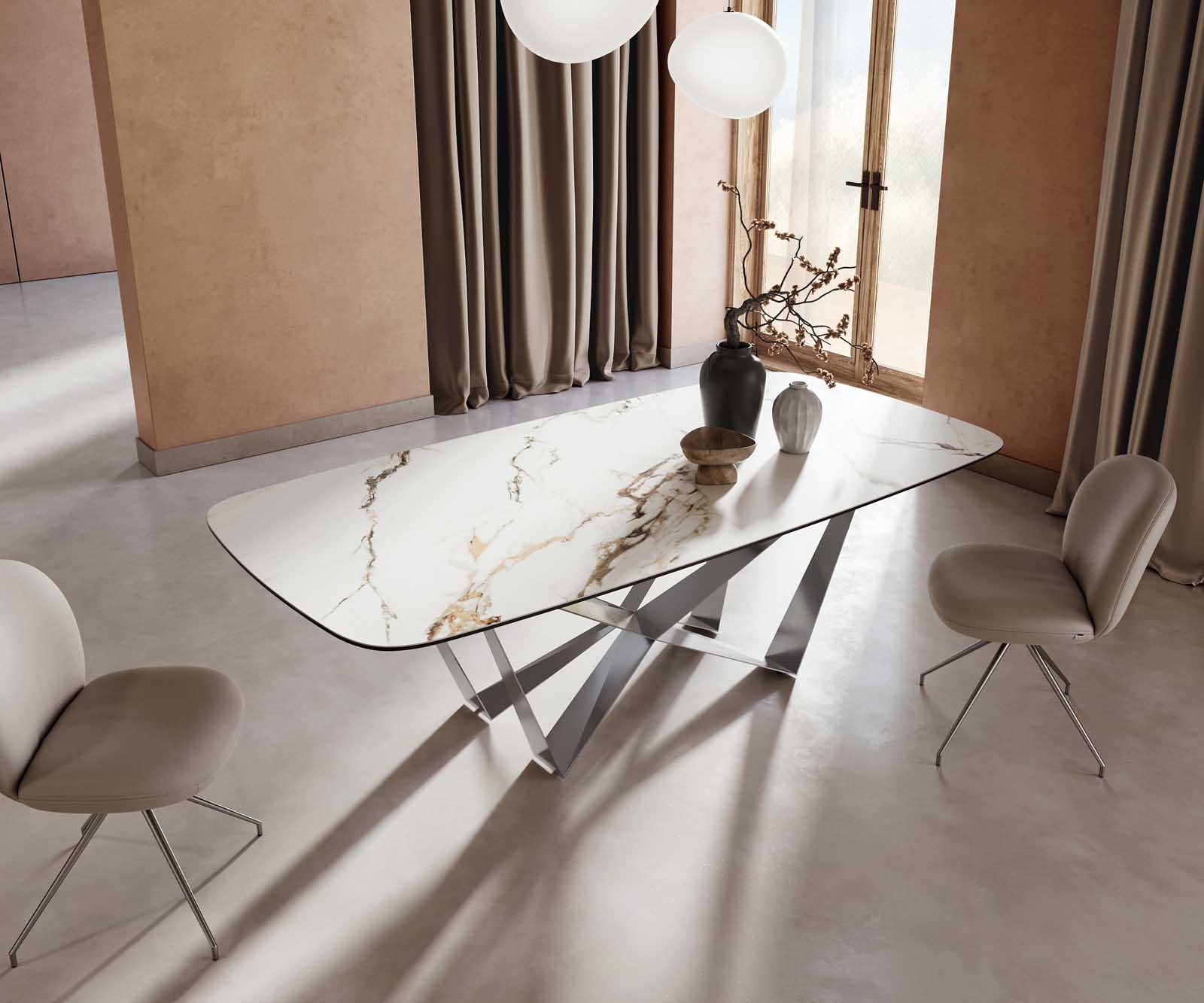 Stół do jadalni Edge kształt beczki 240x120cm ceramika Calacatta Luxe biało-złoto-szary rama Spider stal nierdzewna 4