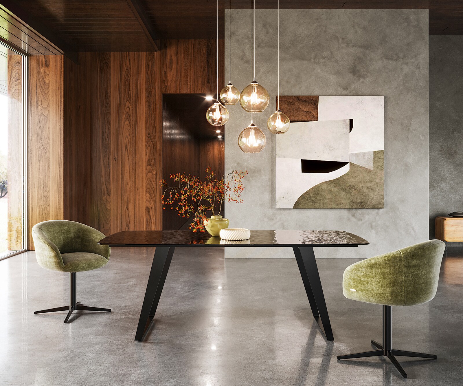 Stół do jadalni Edge w kształcie beczki 200x100cm szkło reliefowe dymione czarne efekt 3D rama pochylona metal czarny 1