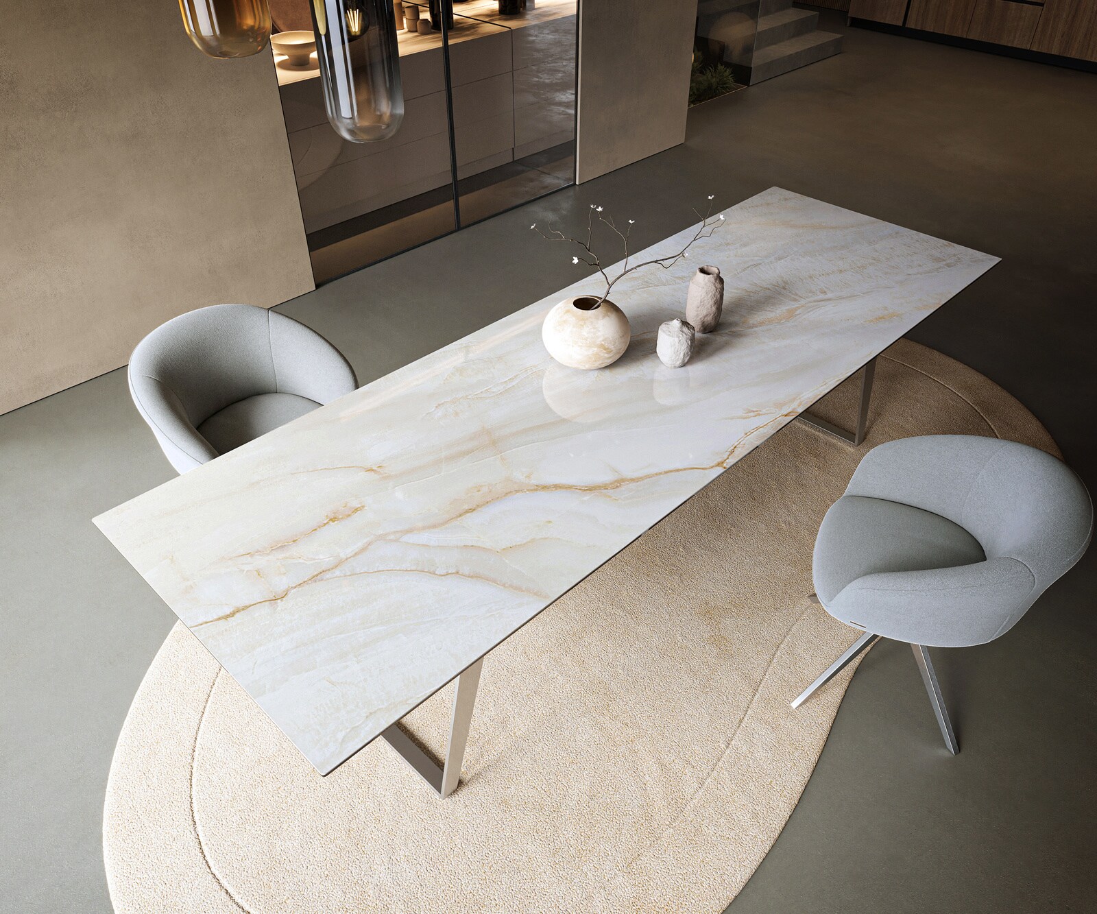 Stół do jadalni Edge 300x100cm ceramika Onyx Pearl stal nierdzewna rama pochylona 3