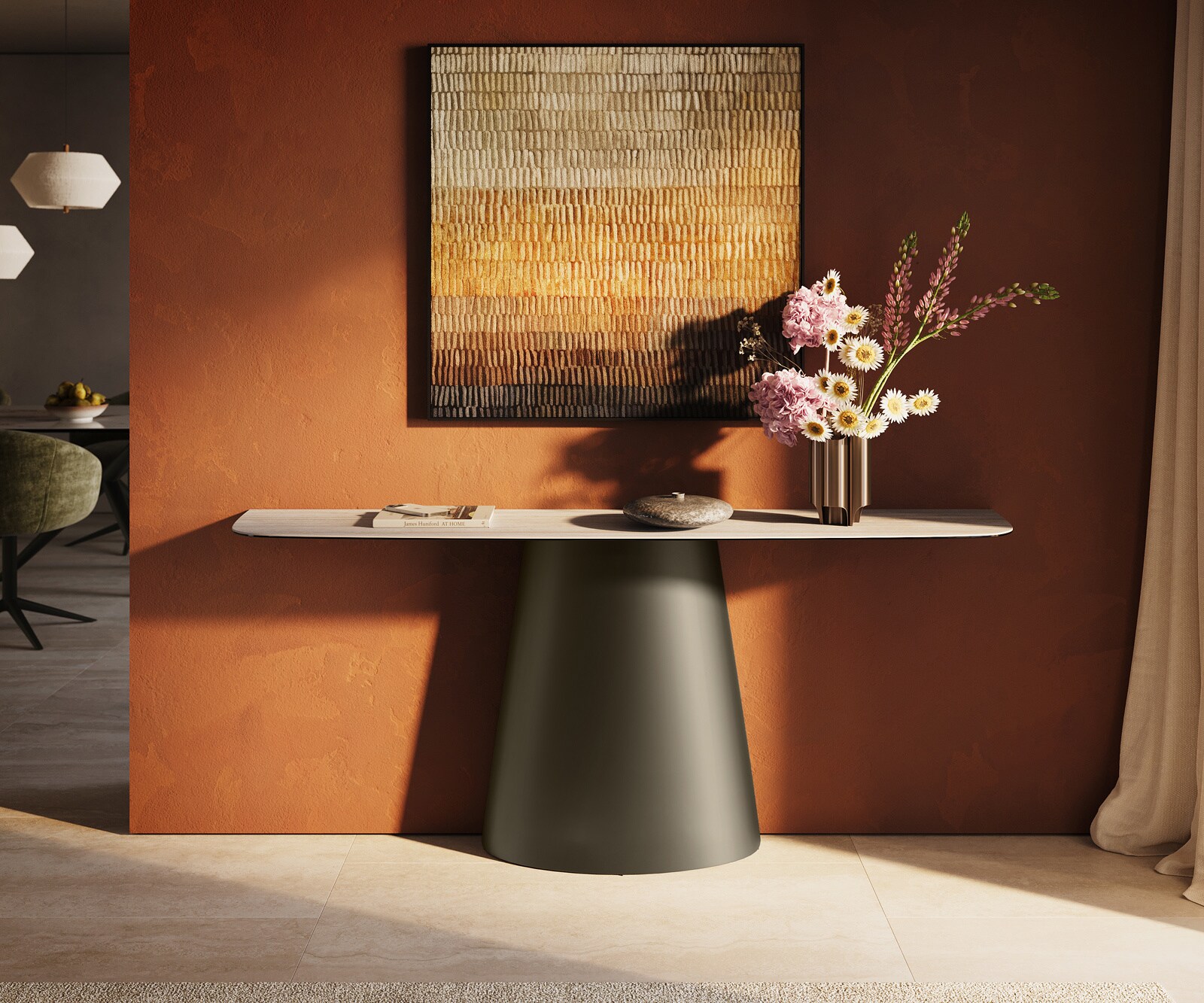 Konsola Edge w kształcie beczki 180x40 cm ceramika Laminam® Travertino Bianco kremowo-biały rama Conos metal w kolorze tytanu 2
